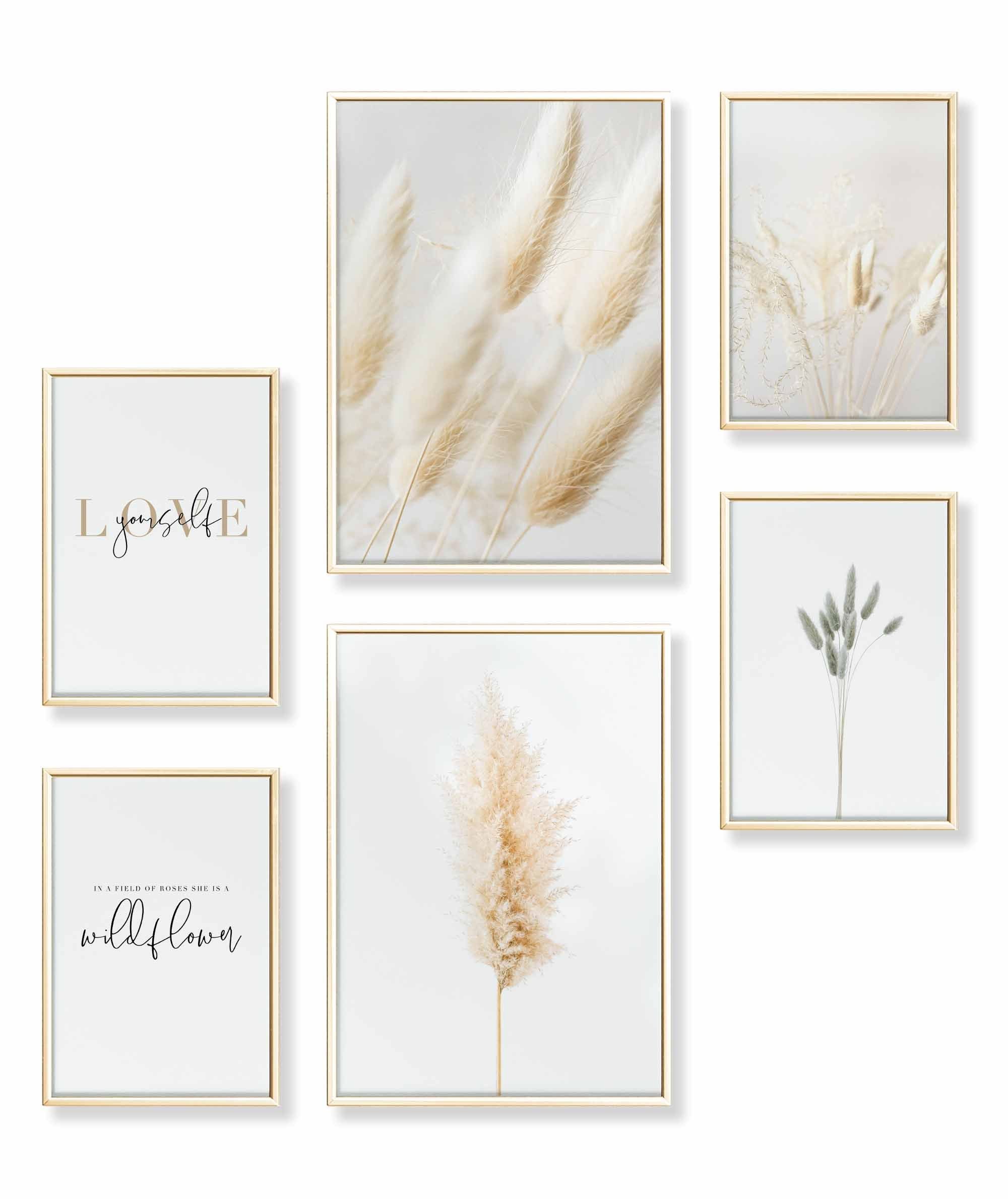 Poster Set als Wohnzimmer Deko, Bilder DINA3 & DINA4, Pampas Gras
