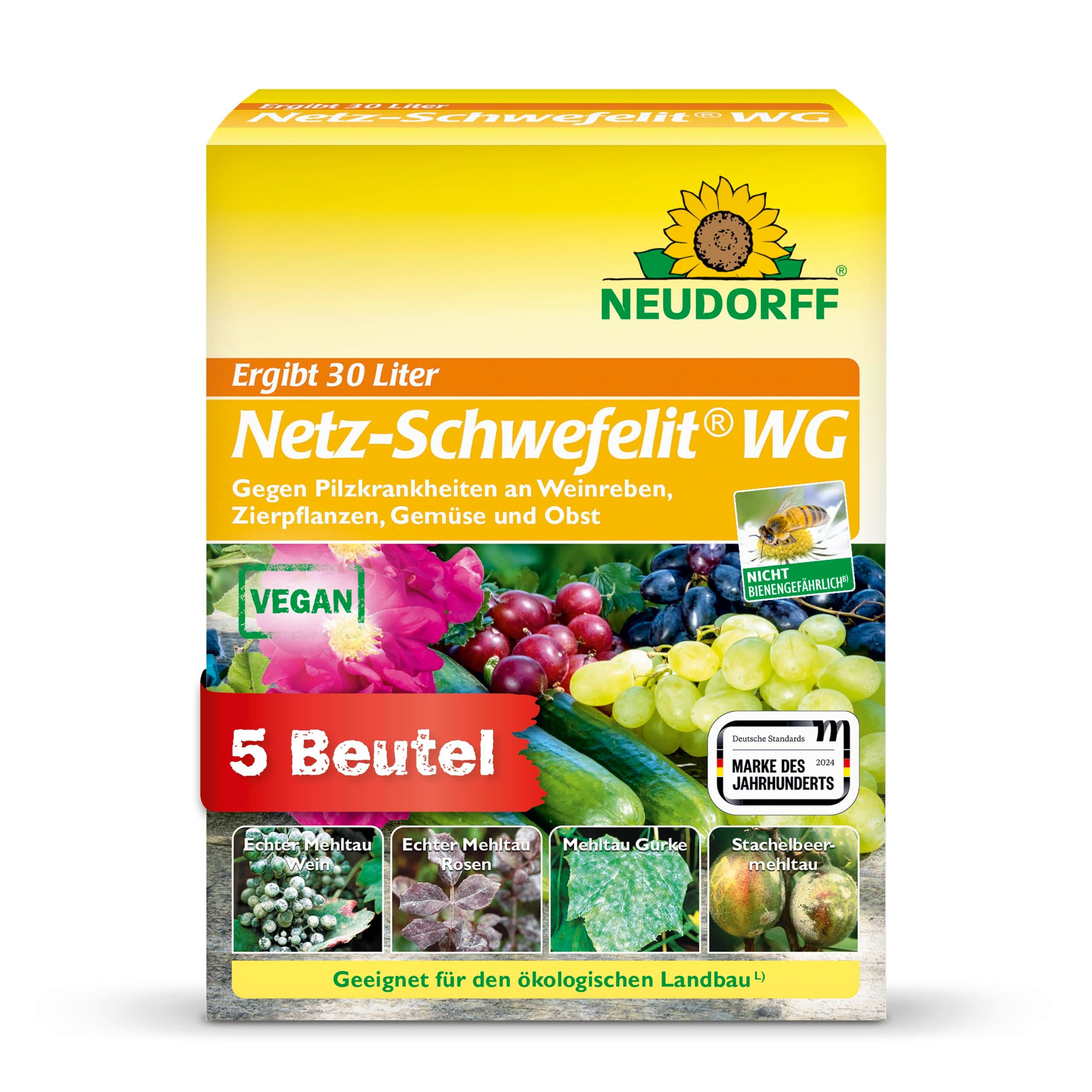 Neudorff Pflanzen-Pilzfrei Netz-Schwefelit WG 75g - 5 Beutel für 30 Liter, Netzschwefel zur wirksamen Bekämpfung von Pilzkrankheiten wie Echter Mehltau an Zierpflanzen wie Rosen, Gemüse und Obst, veganes Mittel gegen Mehltau an Wein, Rosen oder Gurken