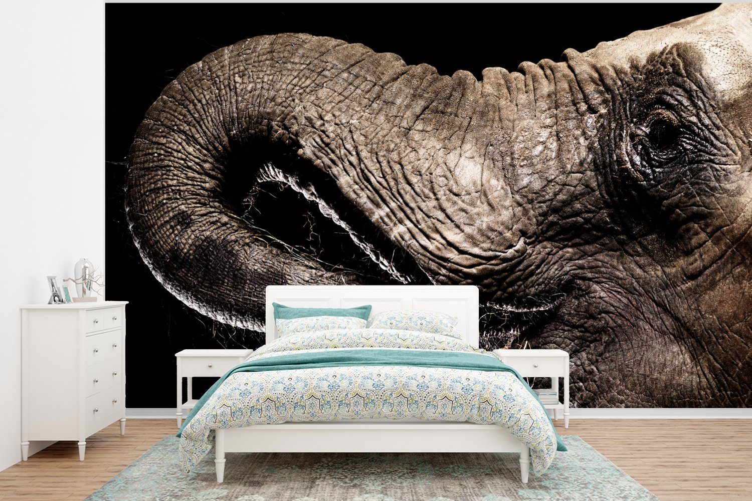 MuchoWow Fototapete Elefant - Tiere - Schwarz - Natur, Matt, bedruckt, (6 St), Wallpaper für Wohnzimmer, Schlafzimmer, Kinderzimmer, Vinyl Tapete