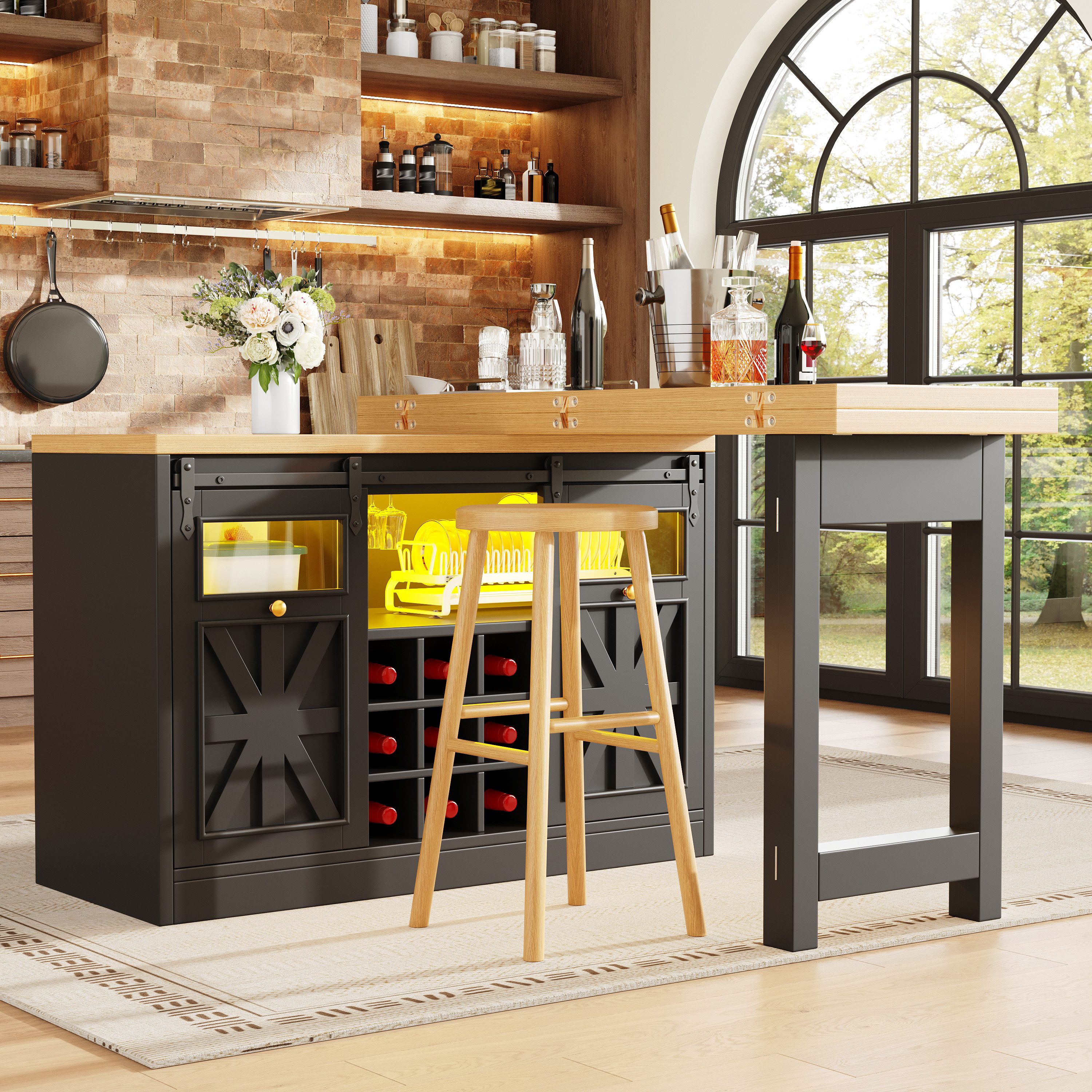 Flieks Kücheninsel multifunktionaler Küchenschrank mit 360° drehbar&klappbar Arbeitstisch, (Holzoptik Tischplatte Tiefe 40-80cm, Längenverstellbar 120-197cm), Esstisch & Mehrzweckschrank mit LED, Glas-Schiebetür Schwarz