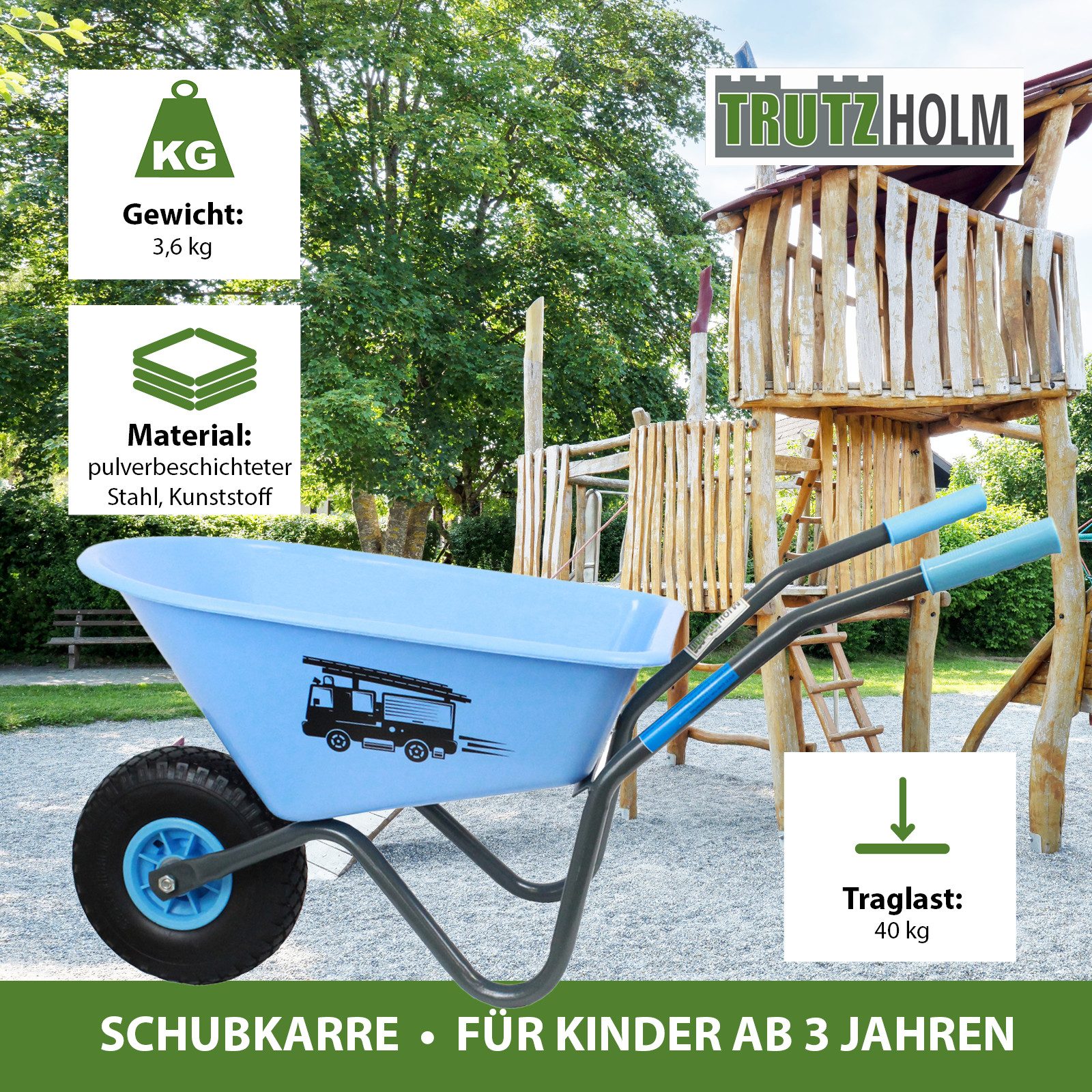 TRUTZHOLM Schubkarre Kinderschubkarre Feuerwehr Schiebkarre Metallschubkarre Gartenkarre, Blau,stabil,einfach zu montieren