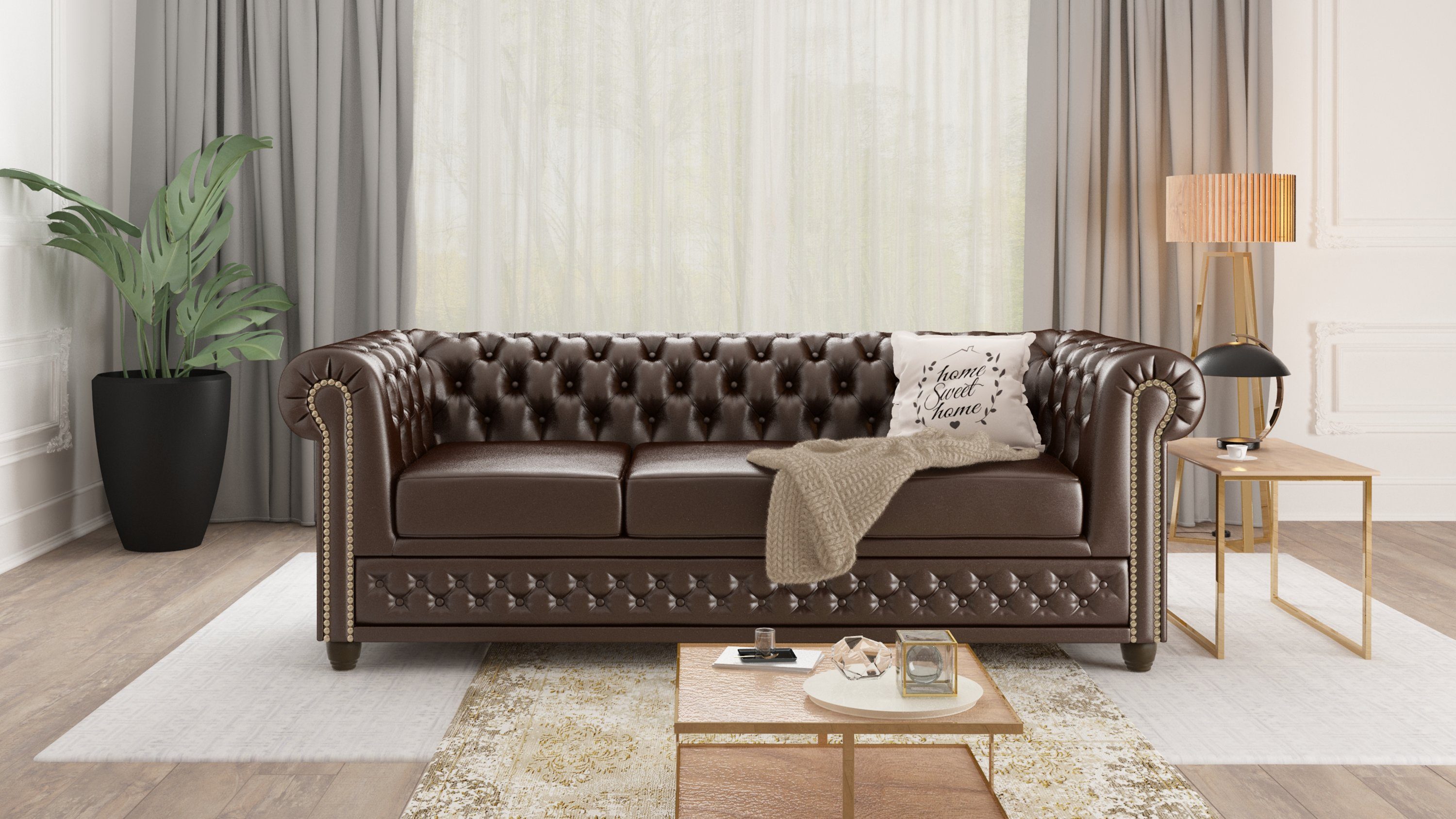 Braun mit x H Möbel B 203cm 3-Sitzer, 72cm, Chesterfield-Sofa 86cm T S-Style x Bettfunktion, Jeff, mit Wellenfederung