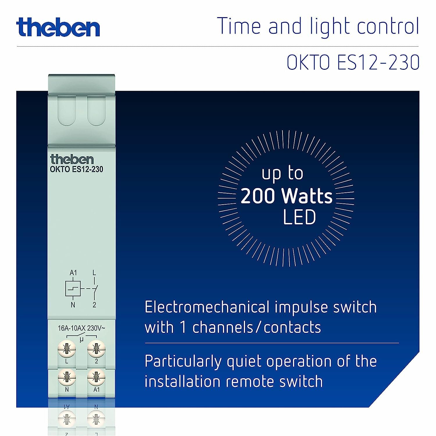 theben Stromstoßschalter OKTO ES12-230 3120130 Stromstoßrelais, elektronisch, 1 Schließer, Lichtsteuerung, 600 W LED, Hutschiene