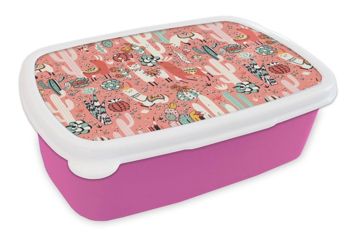 Kinder, Muster Lunchbox Kunststoff Dschungel - - Brotdose MuchoWow Snackbox, Mädchen, Kunststoff, für rosa (2-tlg), Lama, Erwachsene, Brotbox