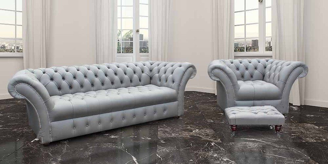 Chesterfield-Sofa Elegantes Echtleder-Sofa in Grau mit Holzfüßen