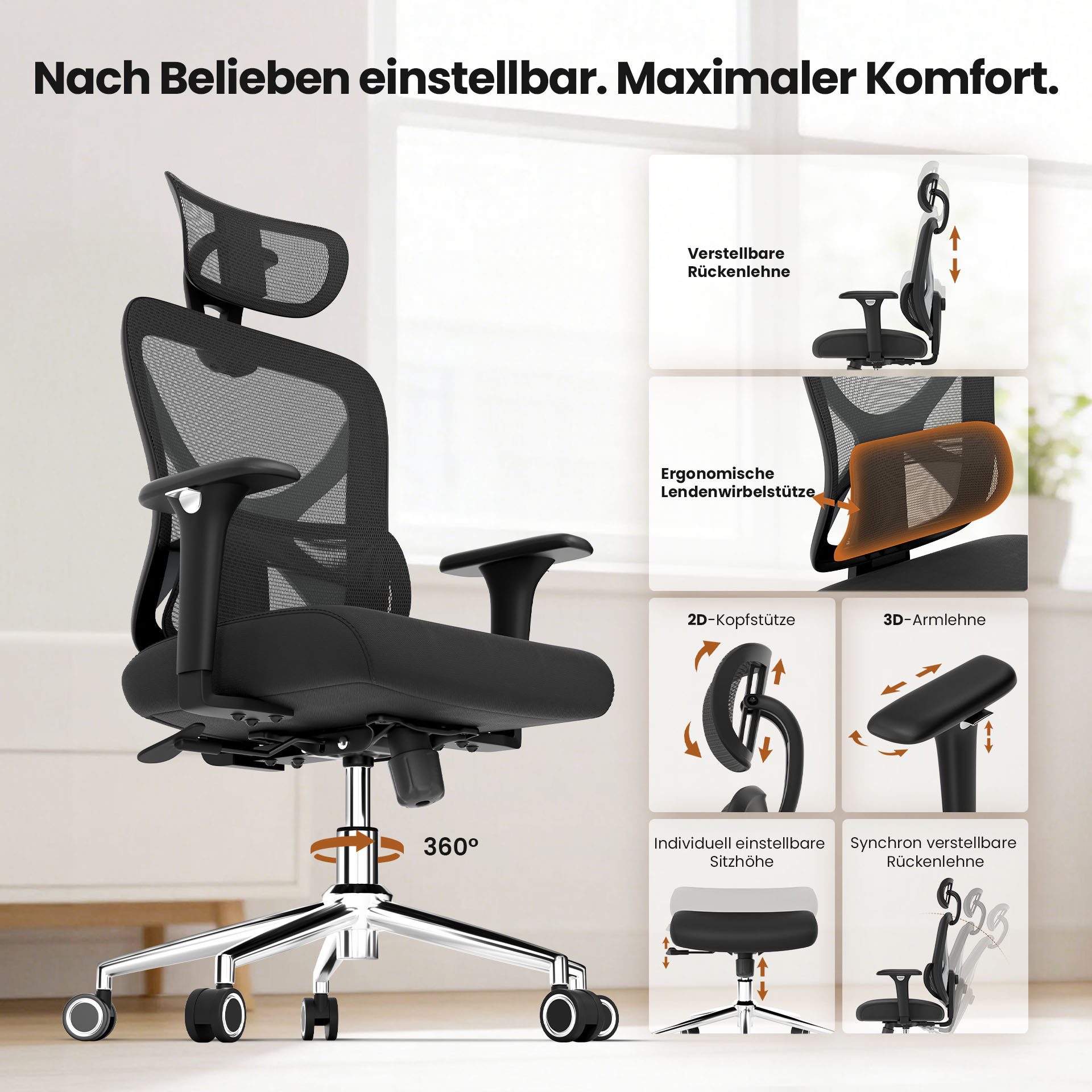 ACGAM Bürostuhl Ergonomisch Schreibtischstuhl, 90–130° verstellbare Rückenlehne, atmungsaktives Netzgewebe, Sitzfläche aus Memory-Schaumstoff