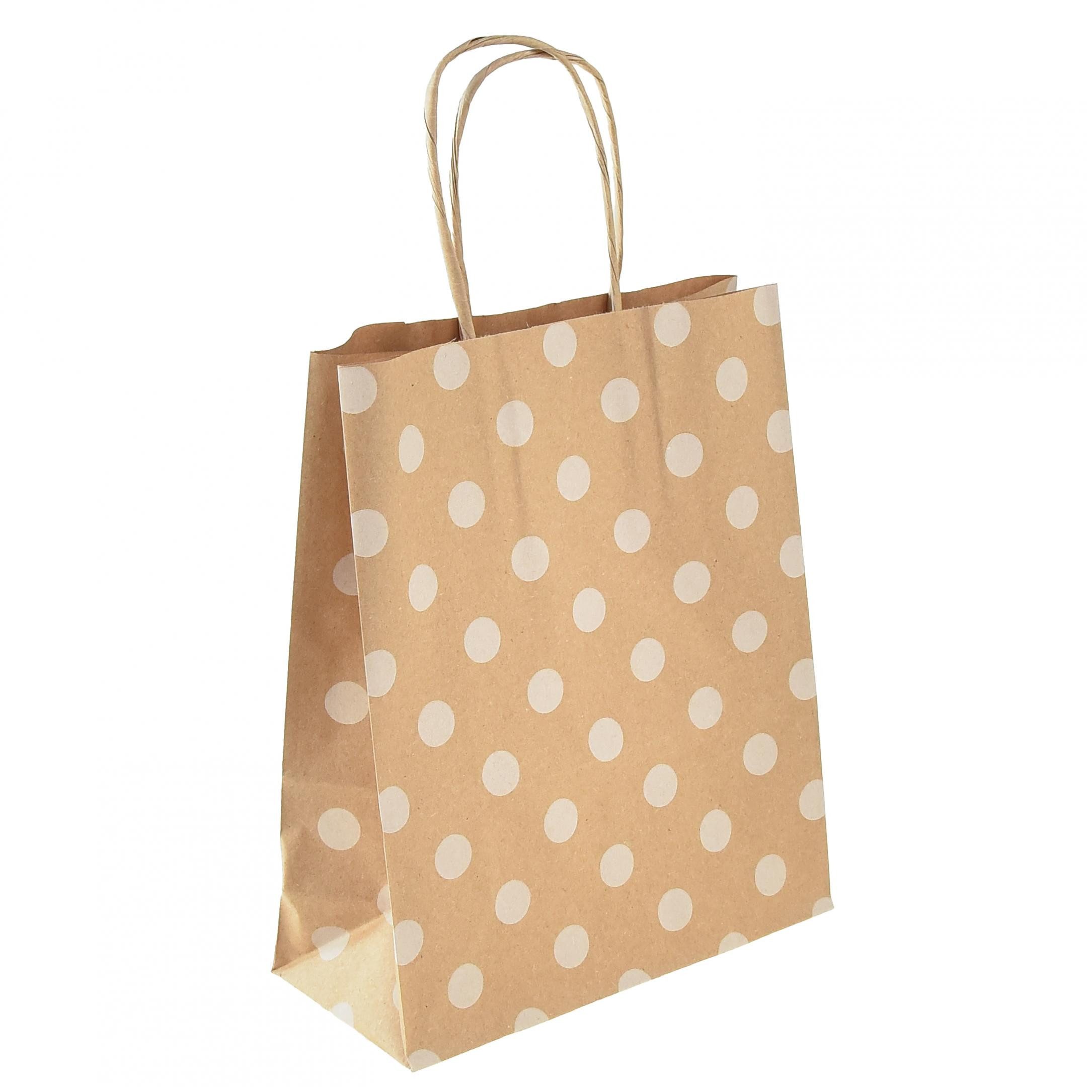 Tragetasche Papier-Geschenktaschen mit Pappverstärkung, Natur Pünktchen, 50 Stück