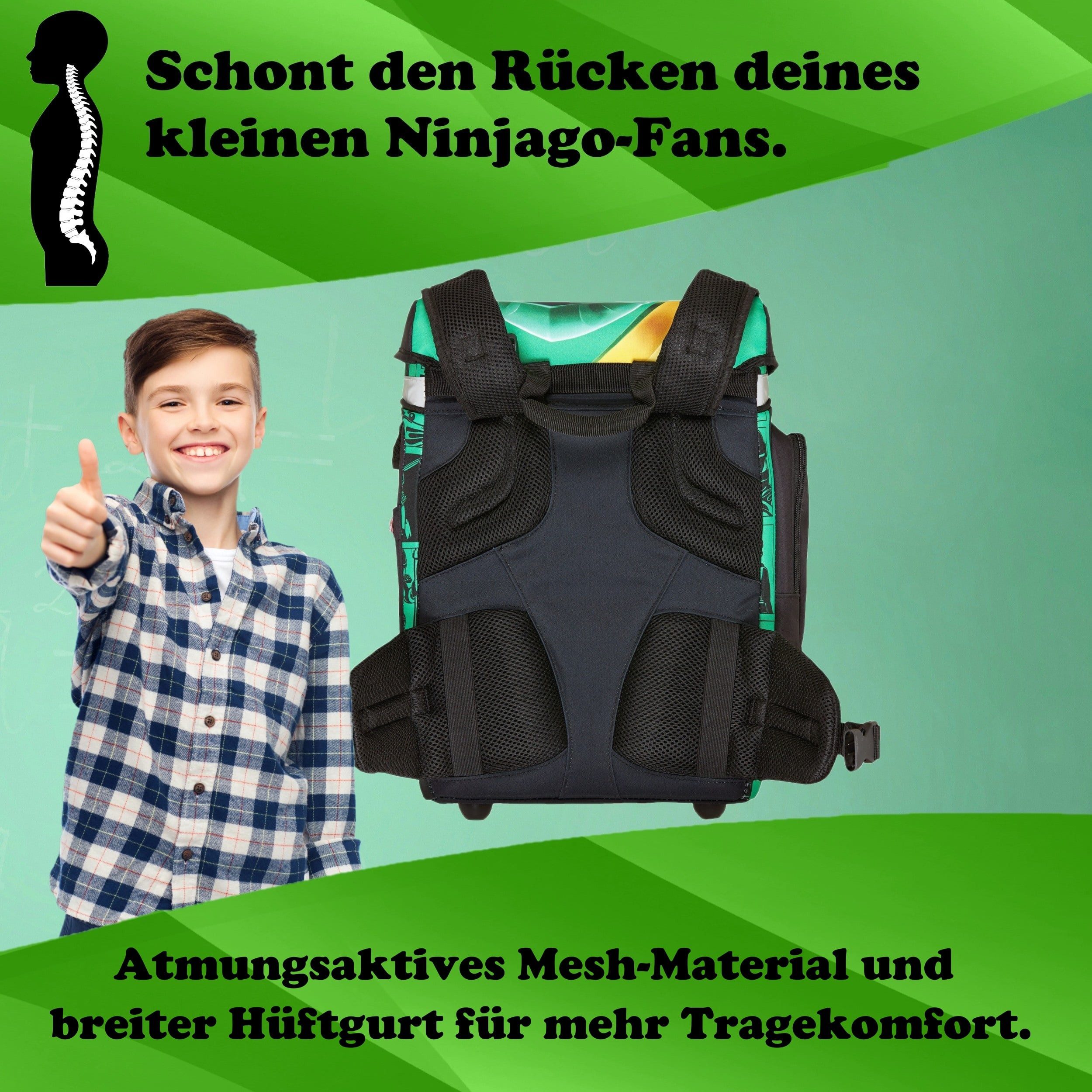 LEGO® Bags Schulranzen Lego Ninjago Schultasche "Explorer" mit gefüllter Federmappe (Set, 6-tlg., mit Schlamper, Turn- & Geldbeutel), ab der 1. Klasse, Ergonomisch, 16L Volumen, wasserabweisend