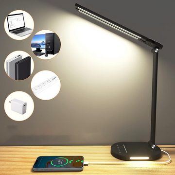 AKKEE Schreibtischlampe LED Schreibtischlampe, 5-Modi Dimmfunktion, mehrere Helligkeitsstufen, 5-stufige Dimmung, LED fest integriert, Schreibtischlampe mit Ladefunktion für Büro Nachttisch
