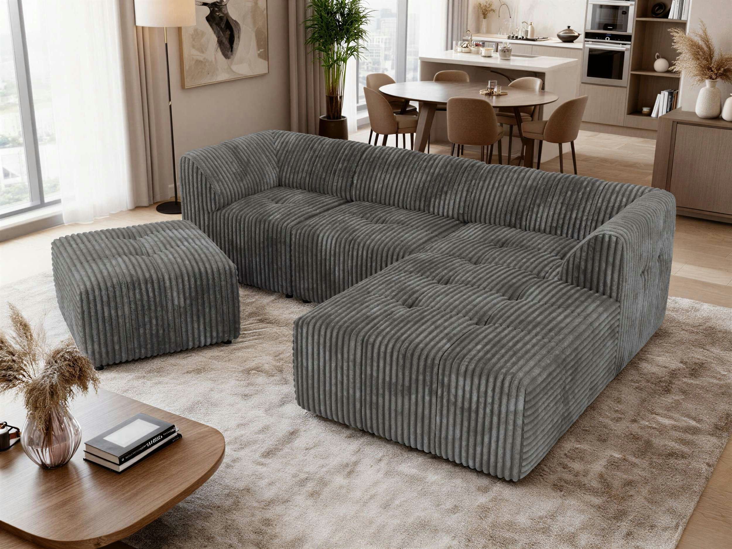 MKS MÖBEL Big-Sofa VORITA, 4M L Ecksofa XXL-Modulsofa, in L-Form, freistehend, mit Wellenfederung, mit Hocker