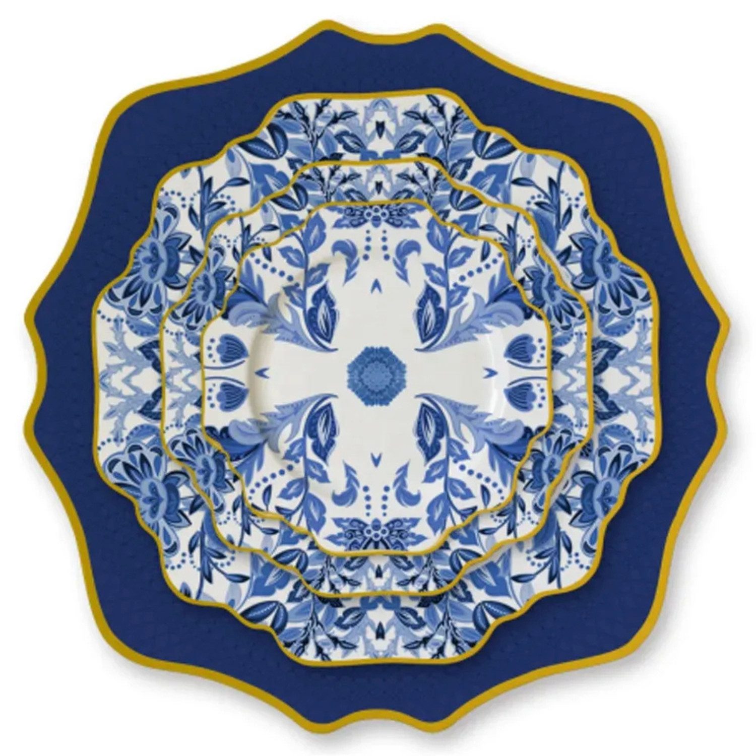 Quality Elegance Teller-Set Exquisites Luxus Blau Blumengeschirr mit Goldrand (4-tlg)