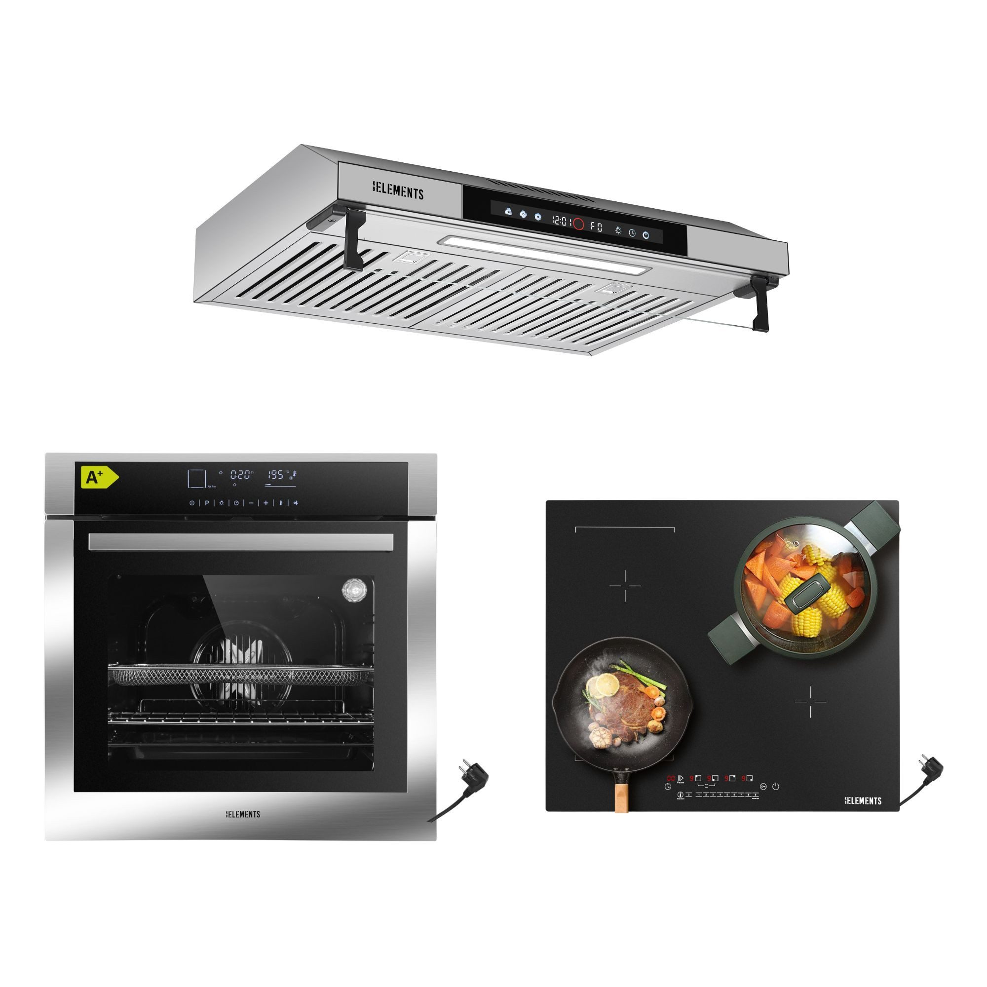 KB Elements Induktions Herd-Set KB ELEMENTS Herdset Backofen 60cm, Kratzfestes Induktionskochfeld 60cm, mit 2-fach-Teleskopauszug, AQUA CLEAN, Backofen Full Touch mit 15 Funktionen, Kratzfestes Induktionskochfeld