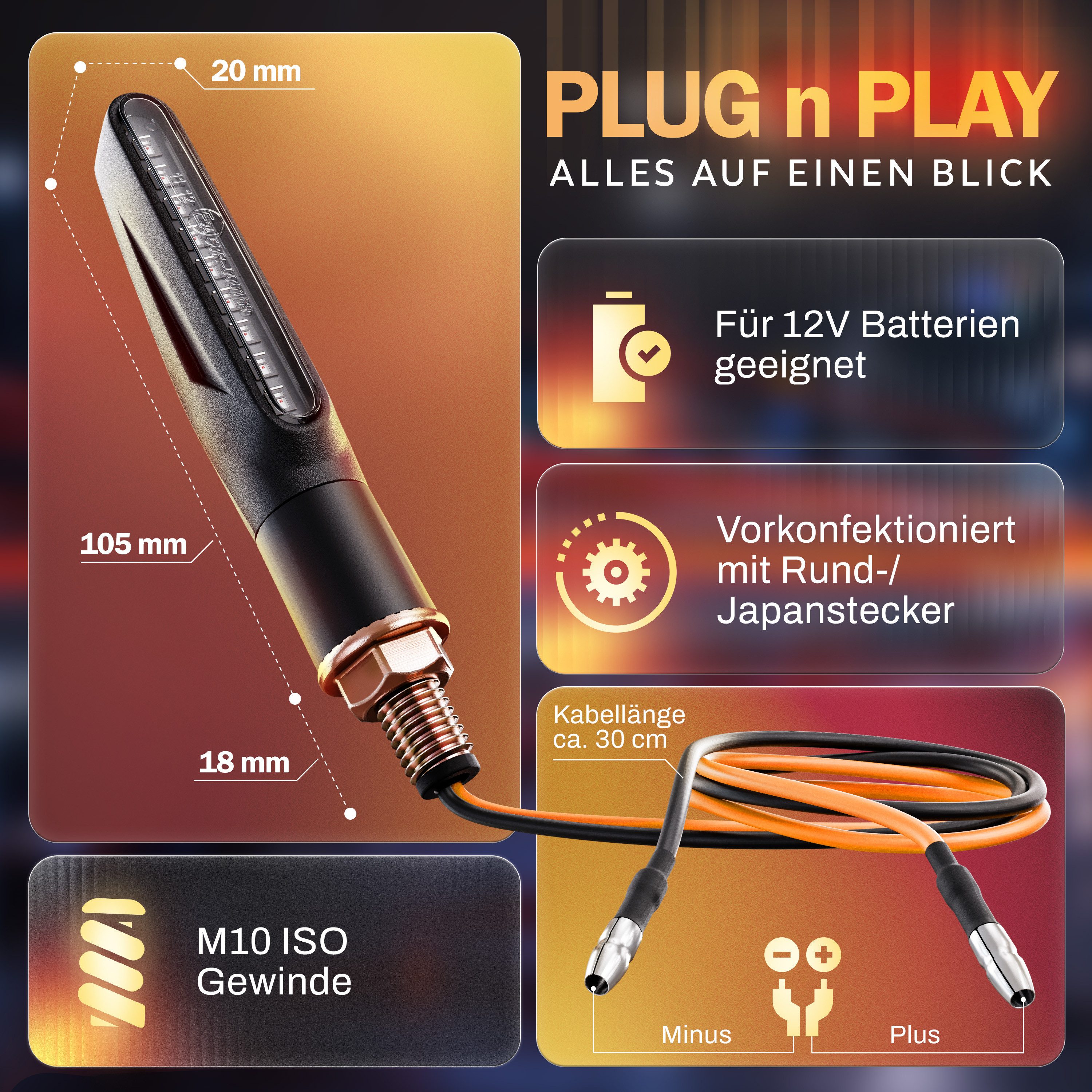 Binego Blinker LED Motorrad E Geprüft Mini mit Lauflicht Universell, Lauflicht Blinker, LED fest integriert, Gelb, StVZO konform