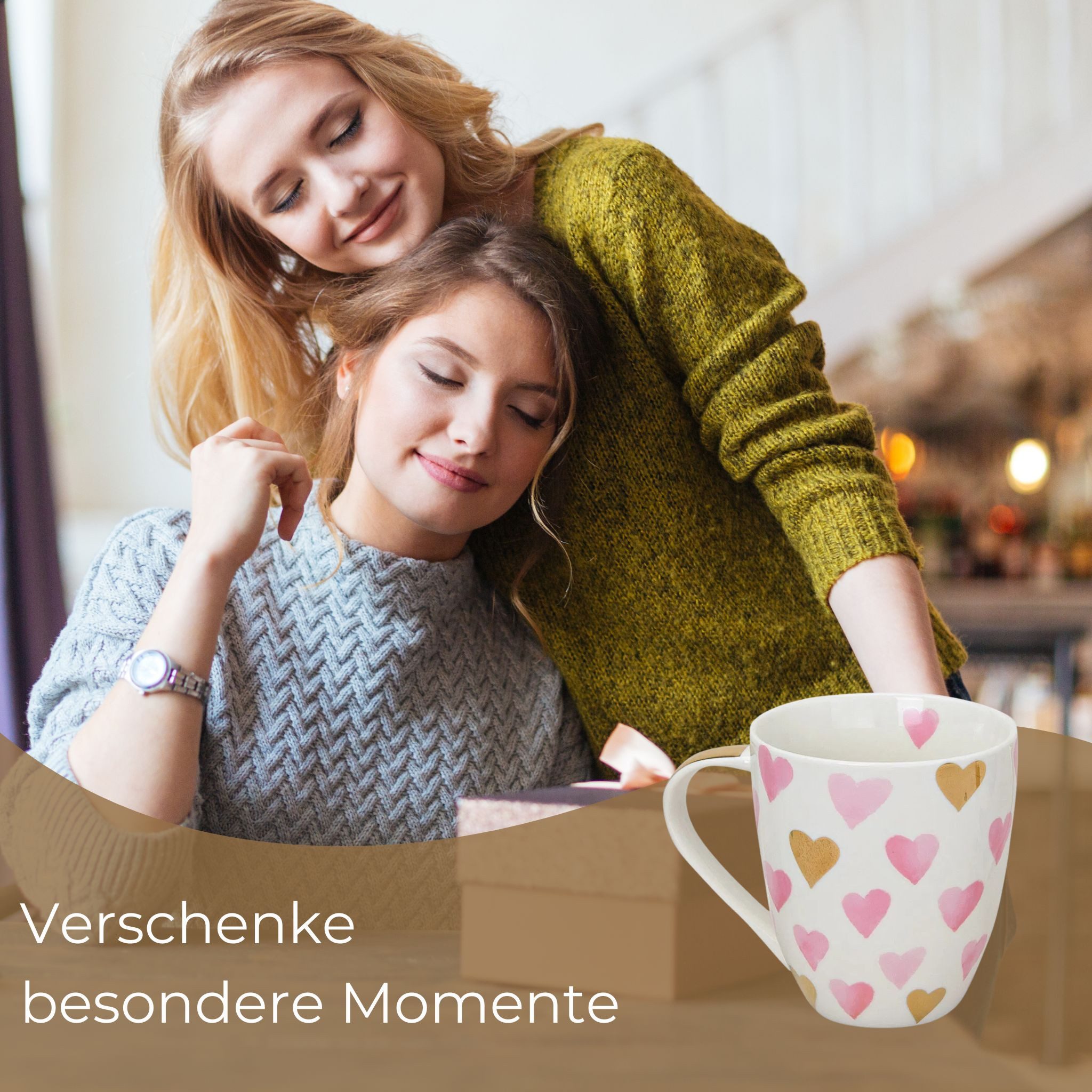 matches21 HOME & HOBBY Tasse XXL Kaffeetassen 2er Set aus Porzellan mit gold-rosa Herzen, 1-tlg., Porzellan, Jumbo Teetassen 400 ml