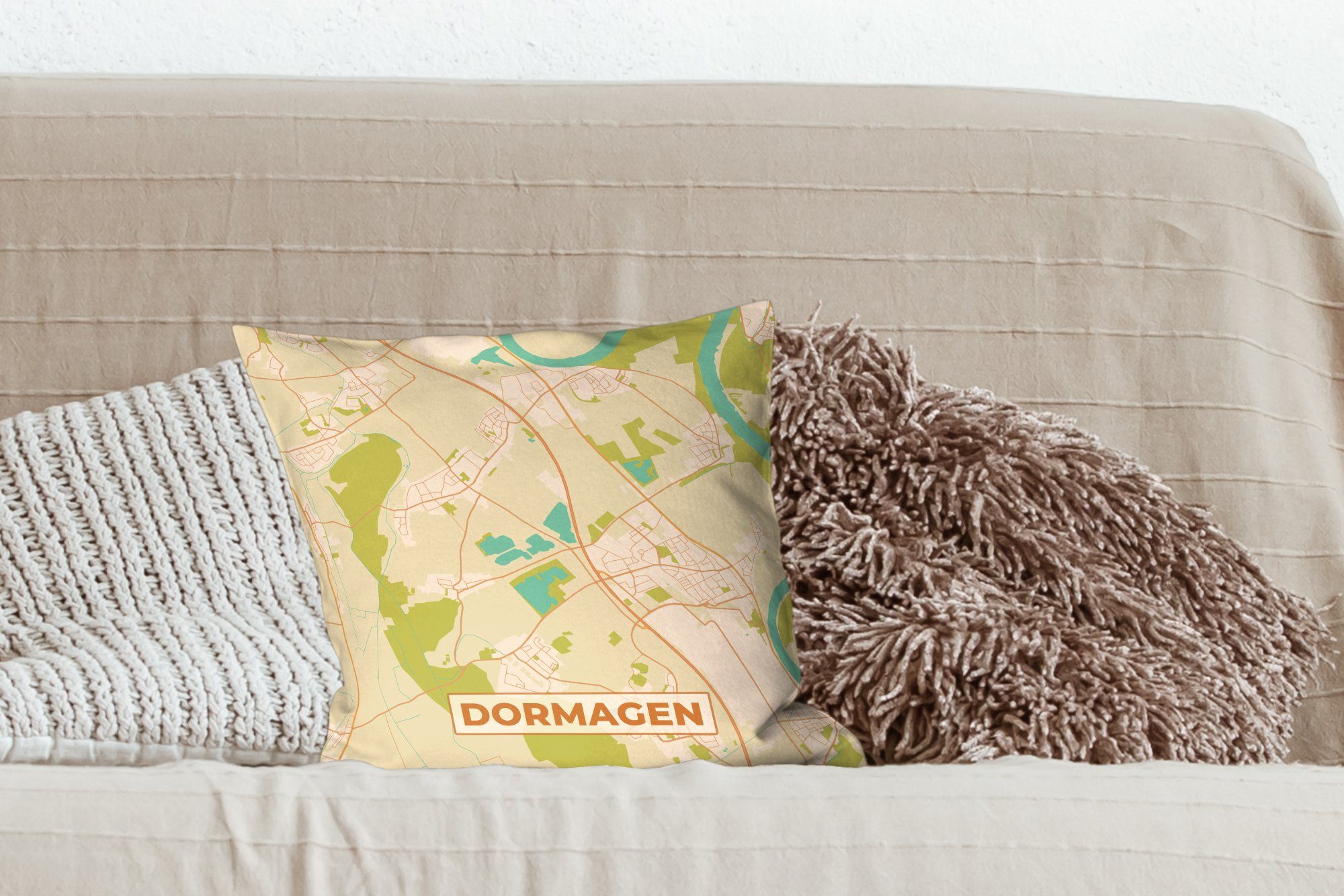 MuchoWow Dekokissen Dormagen - Vintage für Wohzimmer, - mit Stadtplan, Füllung Zierkissen Schlafzimmer, Deko, - Karte Sofakissen