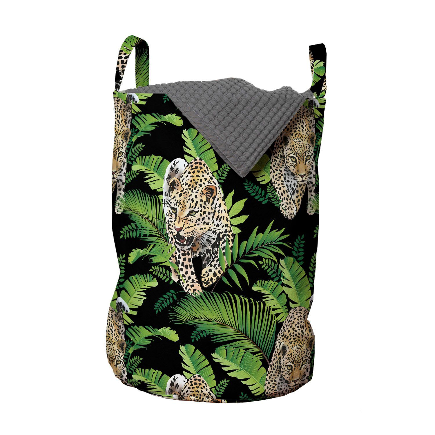 Abakuhaus Wäschesäckchen Wäschekorb mit Griffen Kordelzugverschluss für Waschsalons, Tierwelt Wilde Leoparden Palmblätter