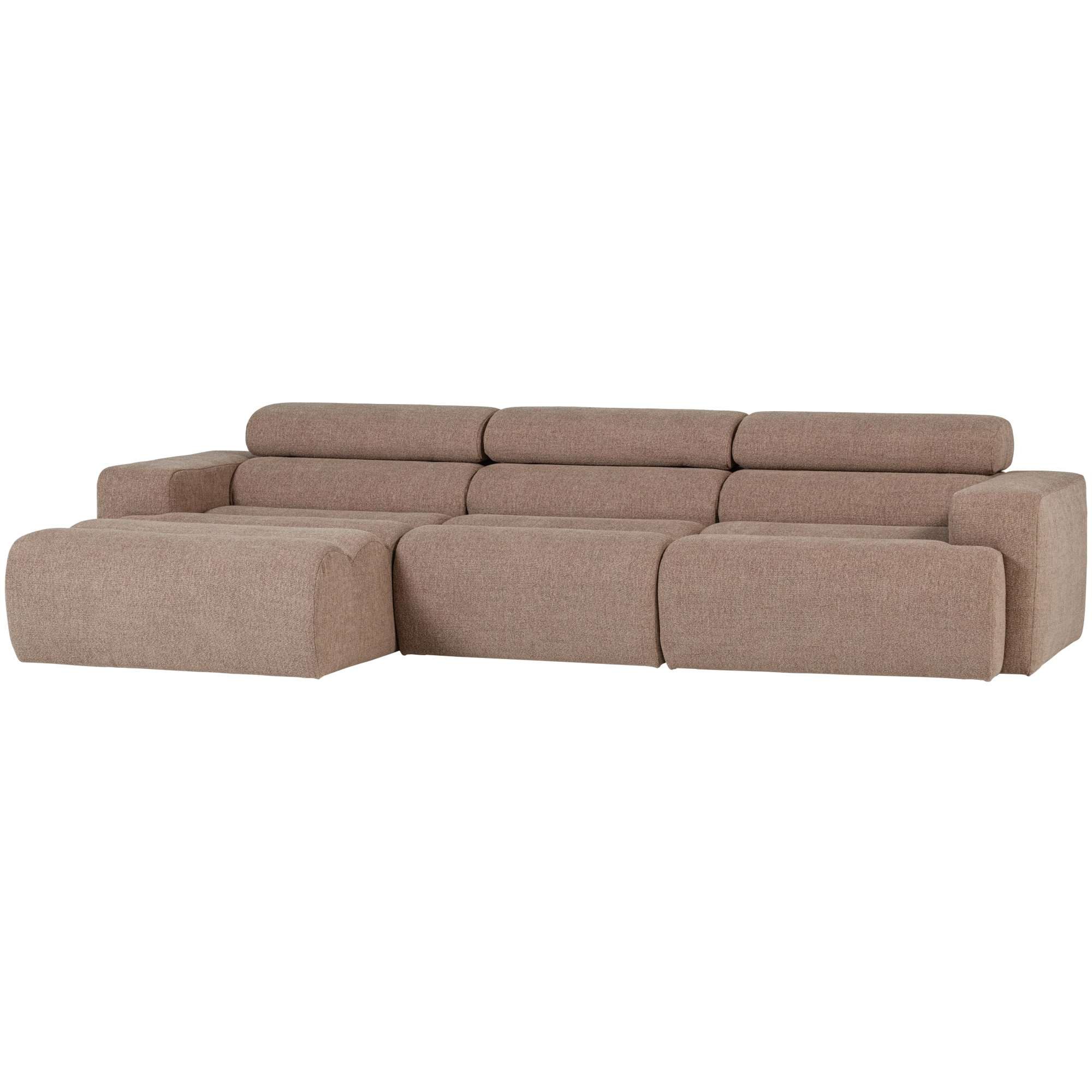 WOOOD Ecksofa Novi Bouclé Taupe – mit verstellbarer Nackenstütze, Links, verstellbare Nackenstütze