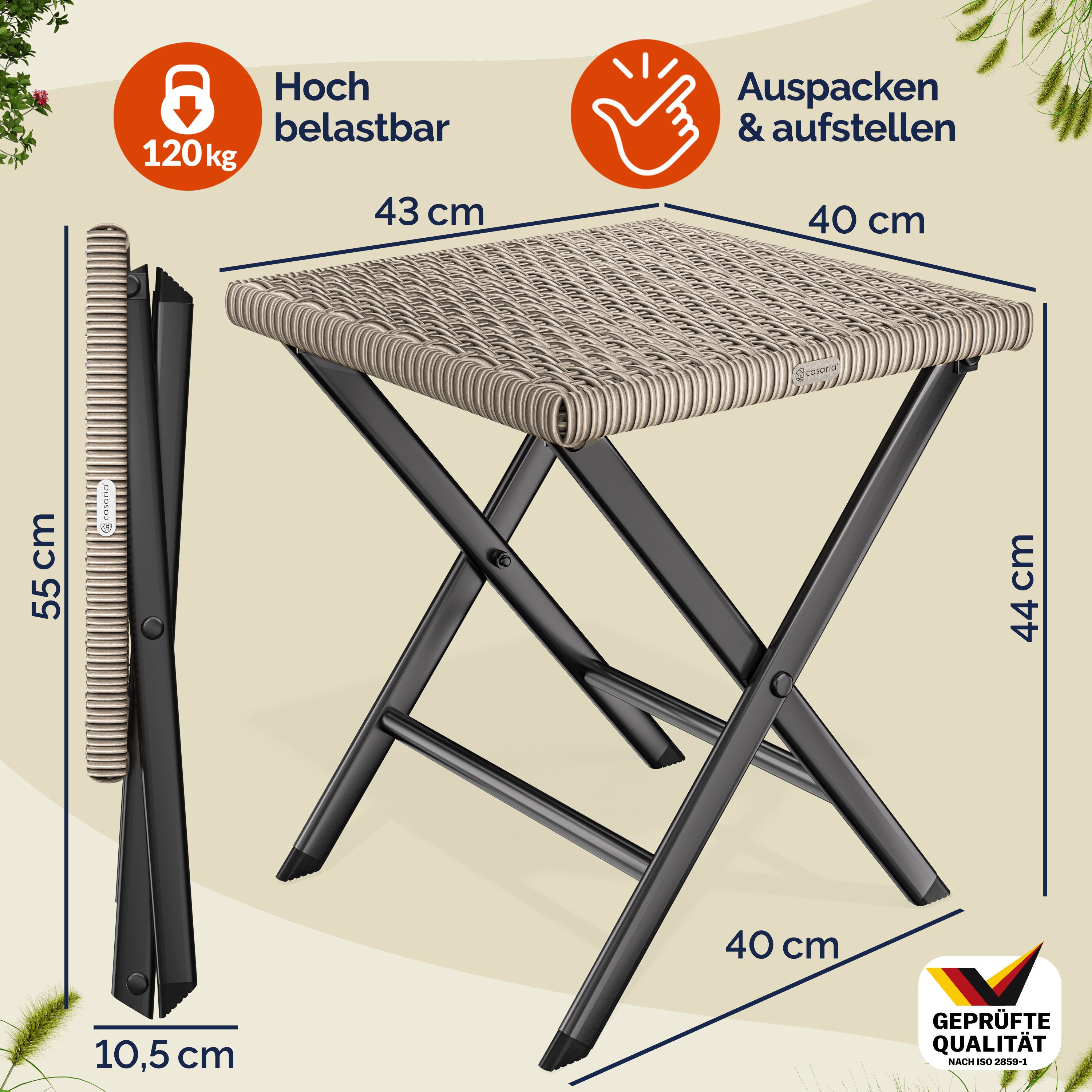 Casaria Klappstuhl, Polyrattan 75kg Belastbarkeit 44x40x44cm Klappbar Leicht Tragbar