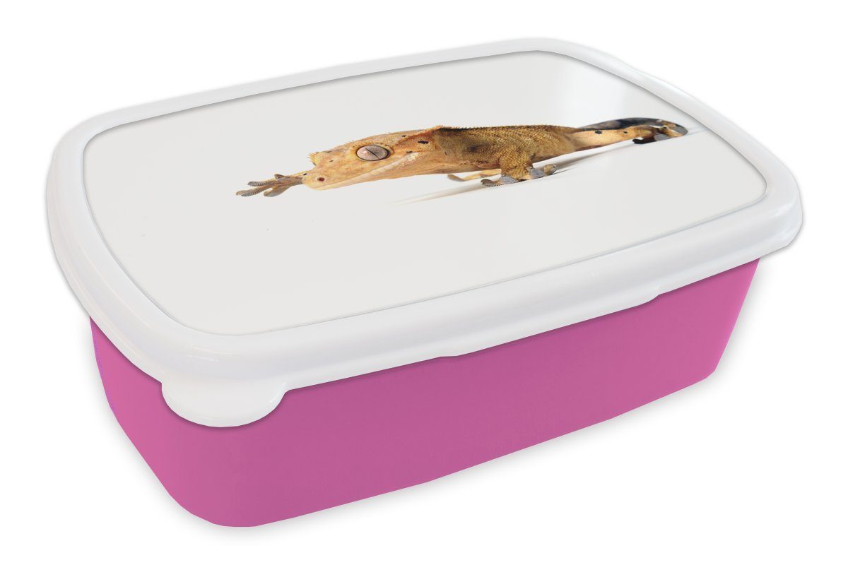 MuchoWow Lunchbox Laufender Gecko, Kunststoff, (2-tlg), Brotbox für Erwachsene, Brotdose Kinder, Snackbox, Mädchen, Kunststoff rosa