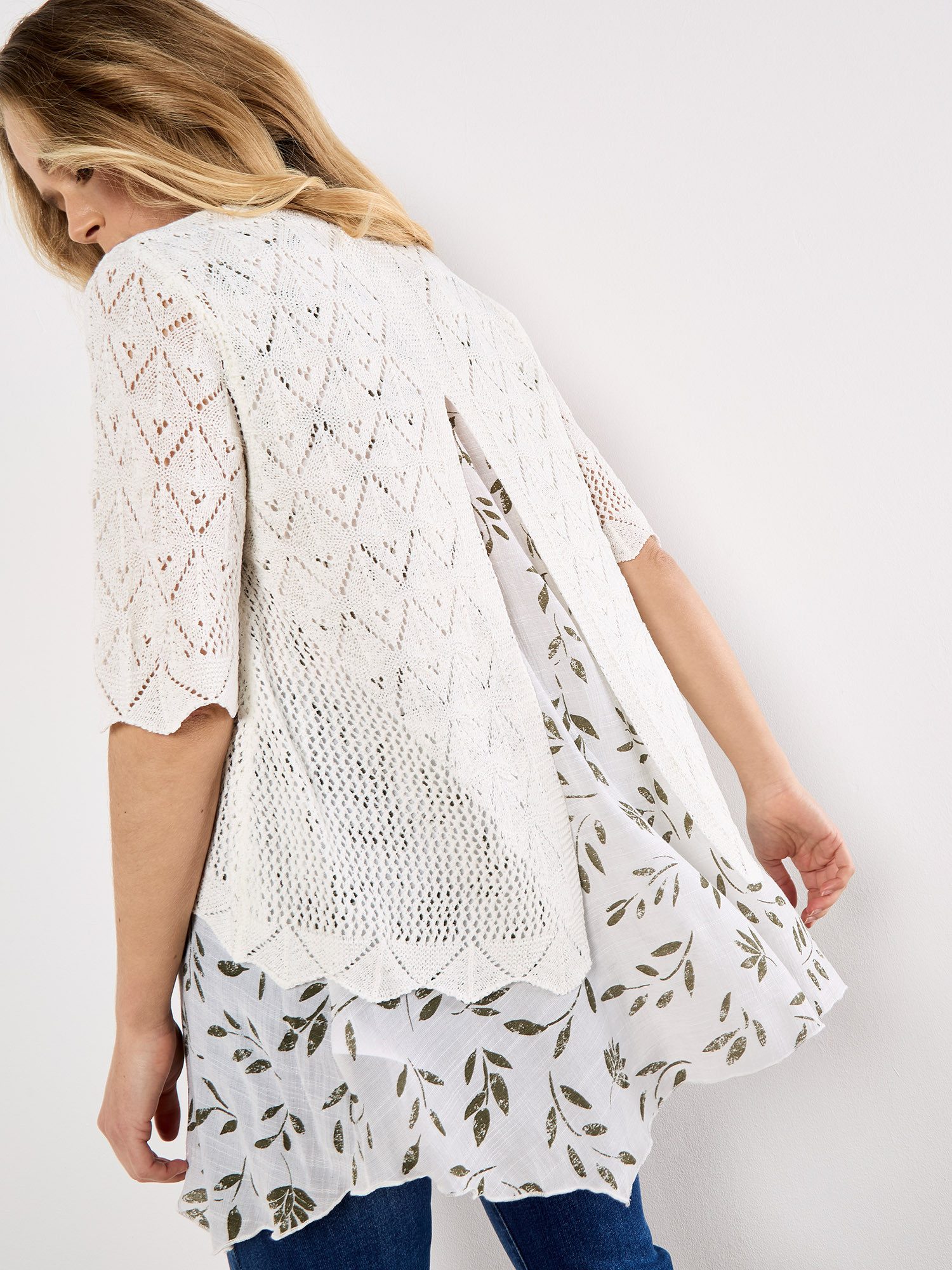 Apricot Tunikashirt Gestrickte Palmendruck Tunika mit Rückenschlitz