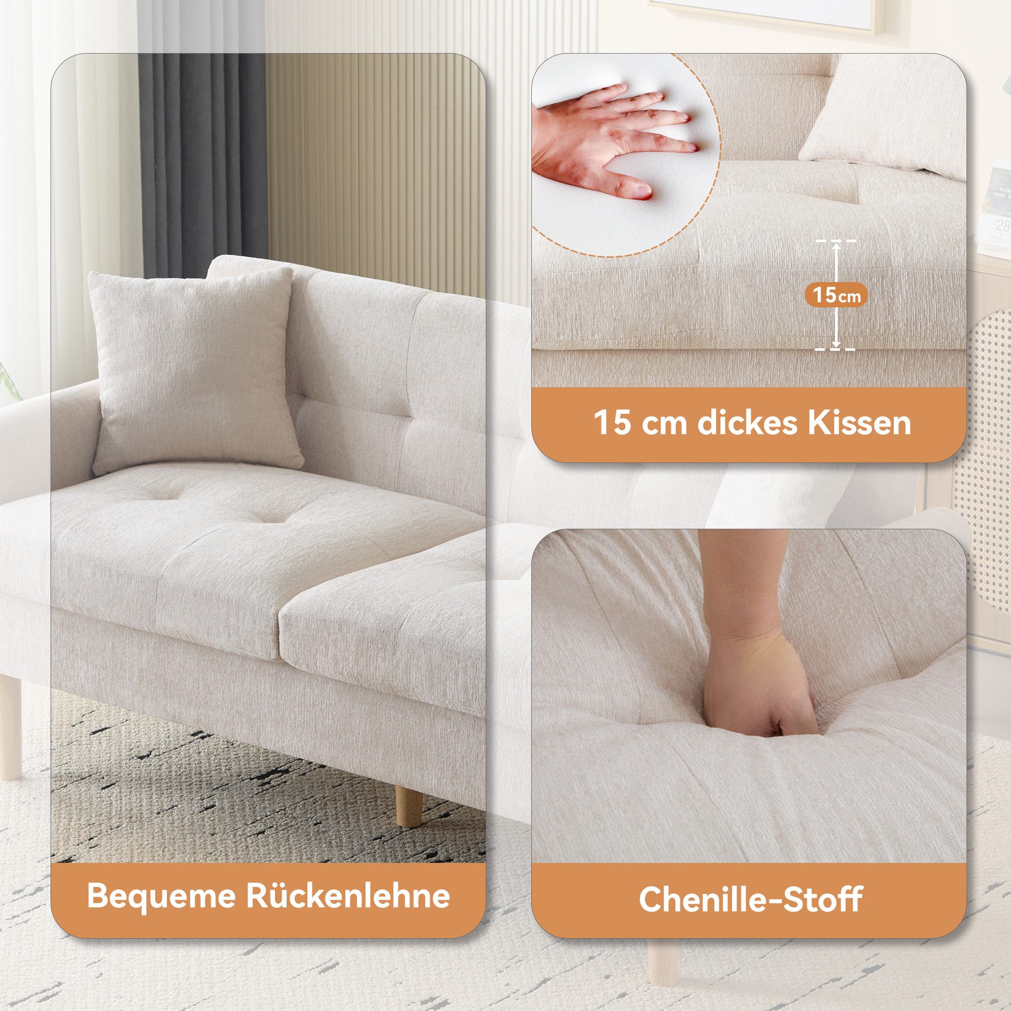 Merax 2-Sitzer Doppelsofa mit dicken Kissen, Holzbeinen und Armlehne, 162x74x77 cm, Polstersofa Sofa aus Chenille-Stoff für Wohnzimmer/Schlafzimmer – Bild 5 von 5