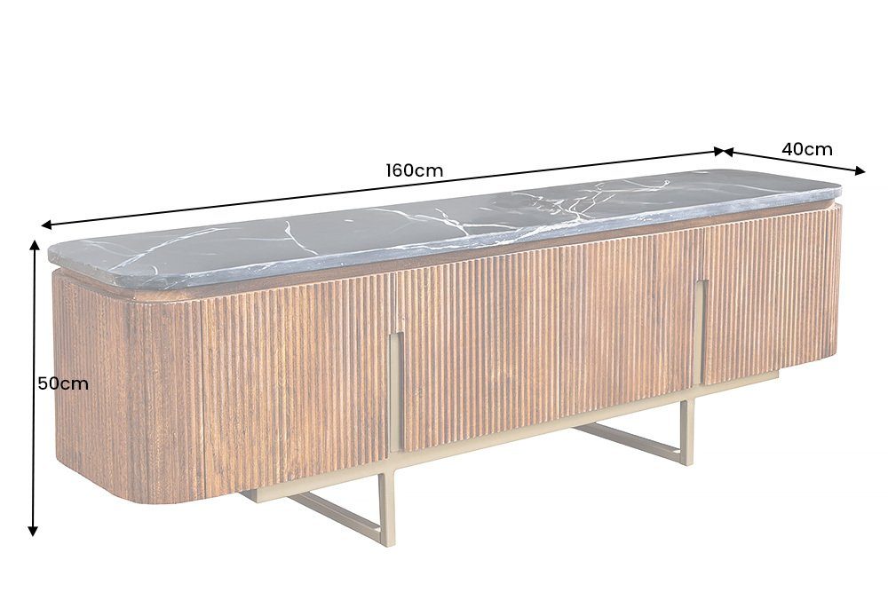 riess-ambiente TV-Bank GATSBY 160cm braun/grau/gold - Mango-Massivholz, Marmor, Metallgestell (Einzelartikel, 1 St), Retro-Sideboard mit abgerundeten Ecken - ideal für Wohn- und Esszimmer