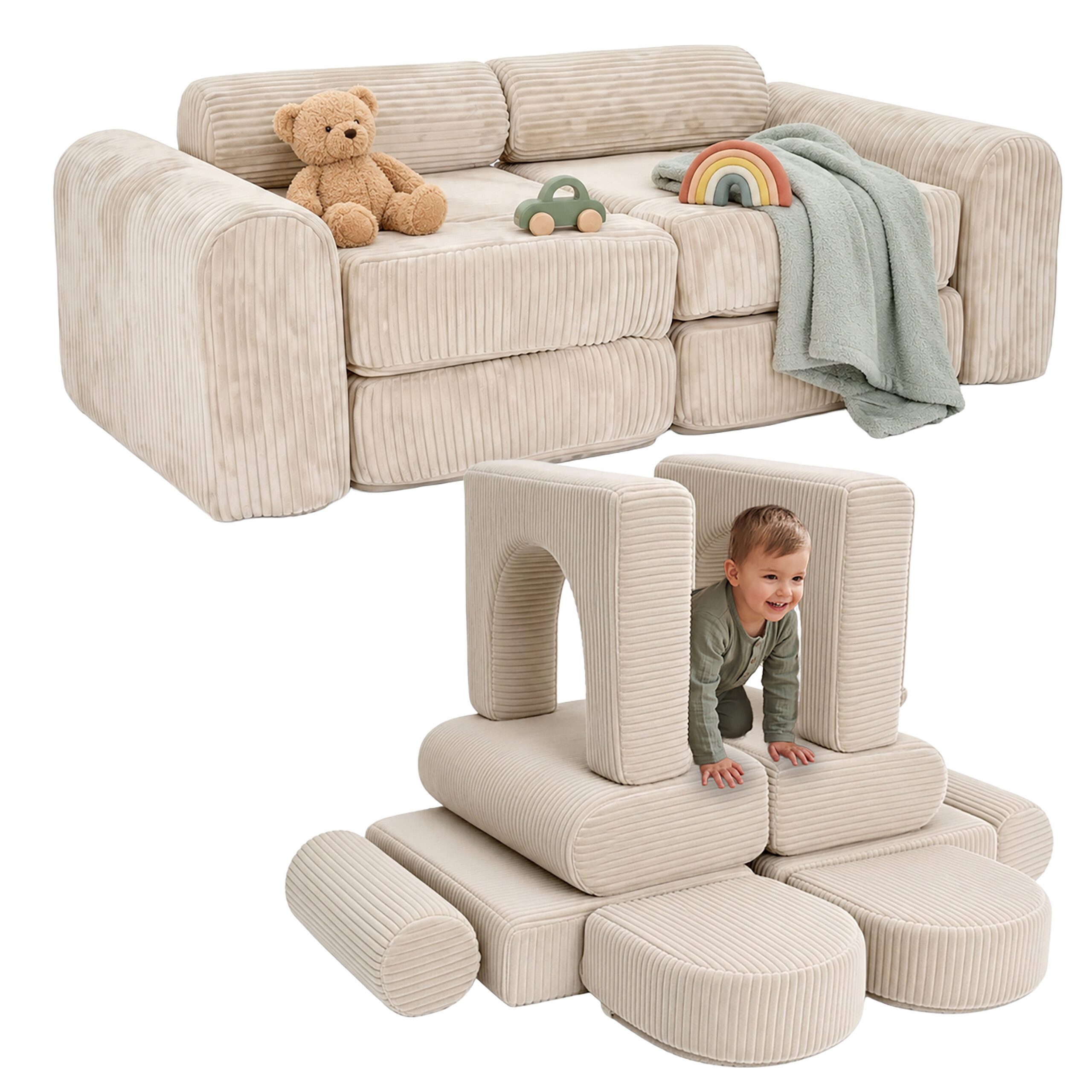 relaxdays Kindersofa 10-tlg. Kinder Spielsofa modular, 10 Teile, Beige