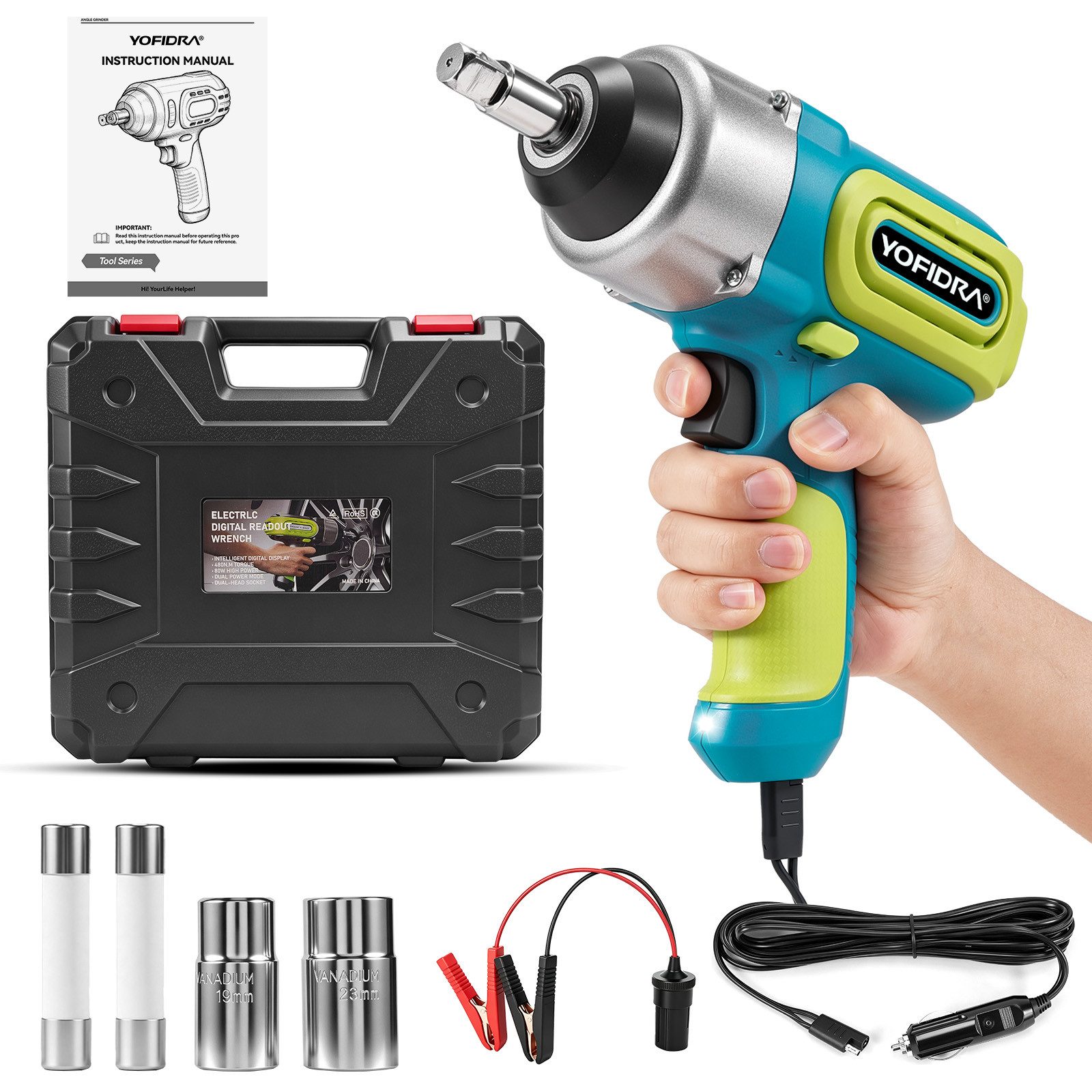 Yofidra Schlagschrauber Kfz-Schlagschrauber-Set DC 12V, 420 Nm Elektrischer Schlagschrauber, 2200 U/min, 480 Nm, für Reifenwechsel, nutzbar an Autobatterie oder Zigarettenanzünder