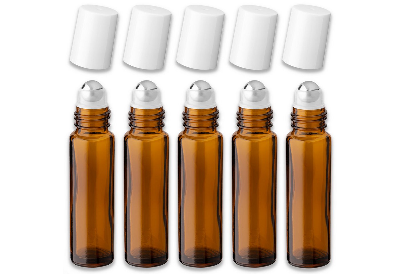 CK Verpackung GmbH Leerglas 5x Braune Glasflasche 10 ml Roll-On mit weißem Schraubverschluss leer