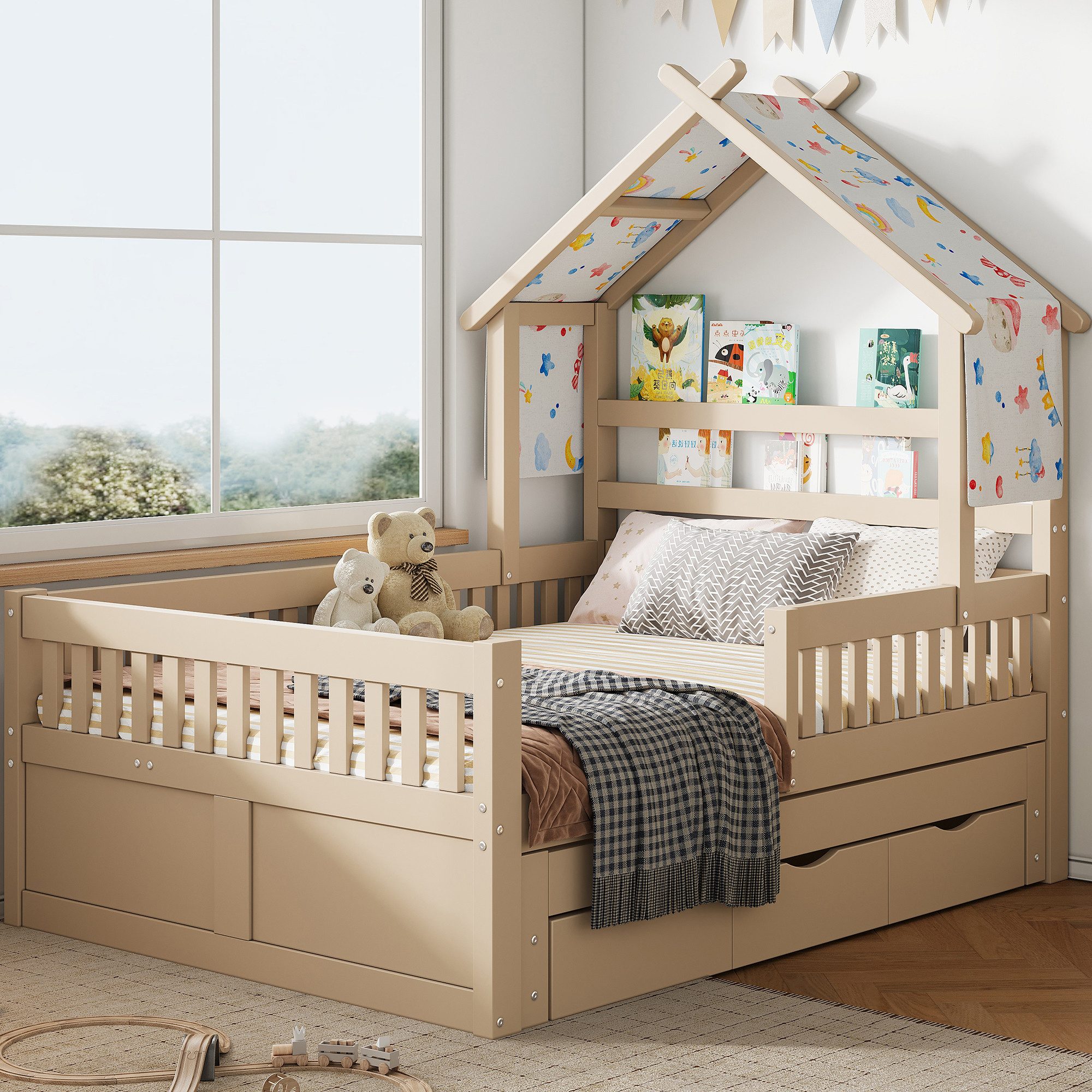 Flieks Kinderbett, Massivholz Hausbett 140x200cm mit Ausziehbett 90x190cm & 3 Schubladen