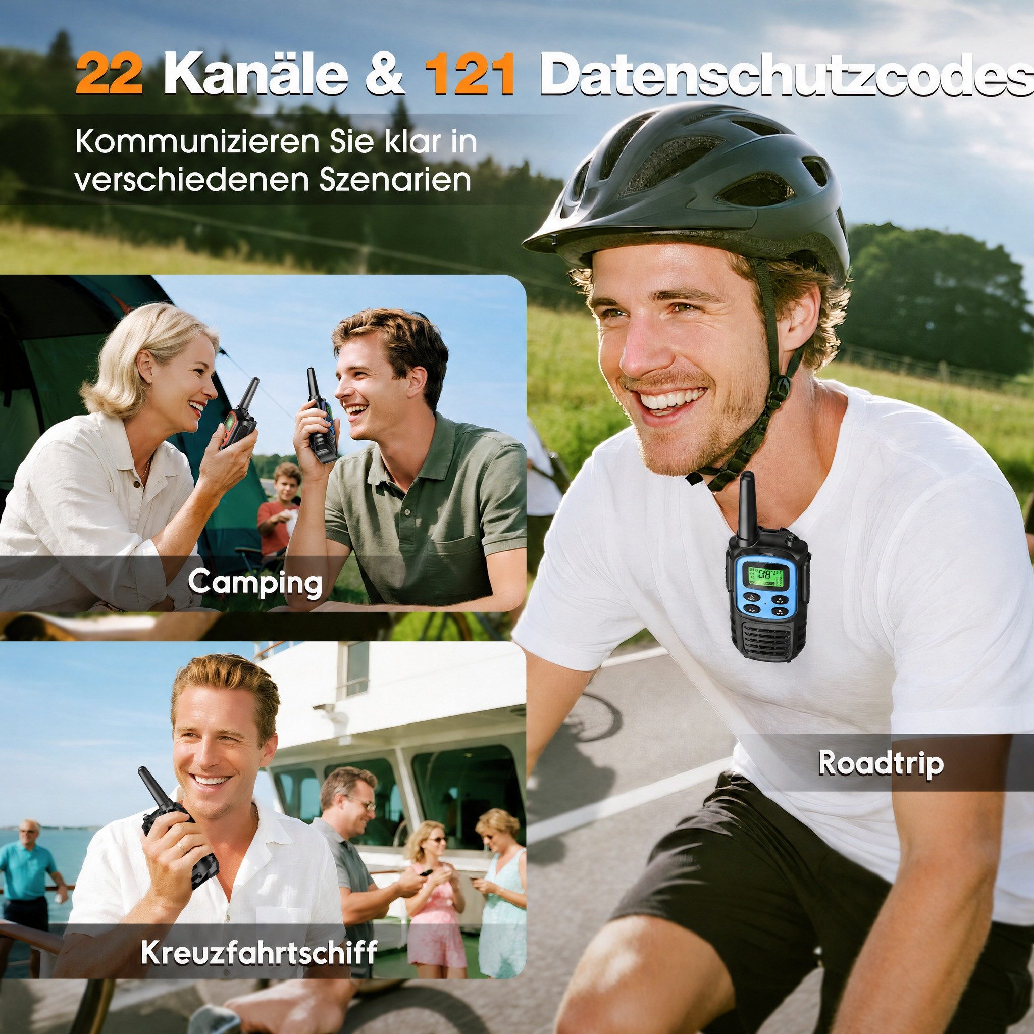 Wootoy Walkie Talkie Kommunikationsgerät Funkgeräte Walkie-Talkies Spielzeug, (Reichweite von bis zu 5 Meilen (ca. 8 km) unter günstigen Bedingungen, 2-St., mit 1200-mAh-Akku 22 Kanäle und 121 Subkanäle LED-Taschenlampe), Ideal für Familien Camping Wandern Reisen andere Outdoor-Aktivitäten