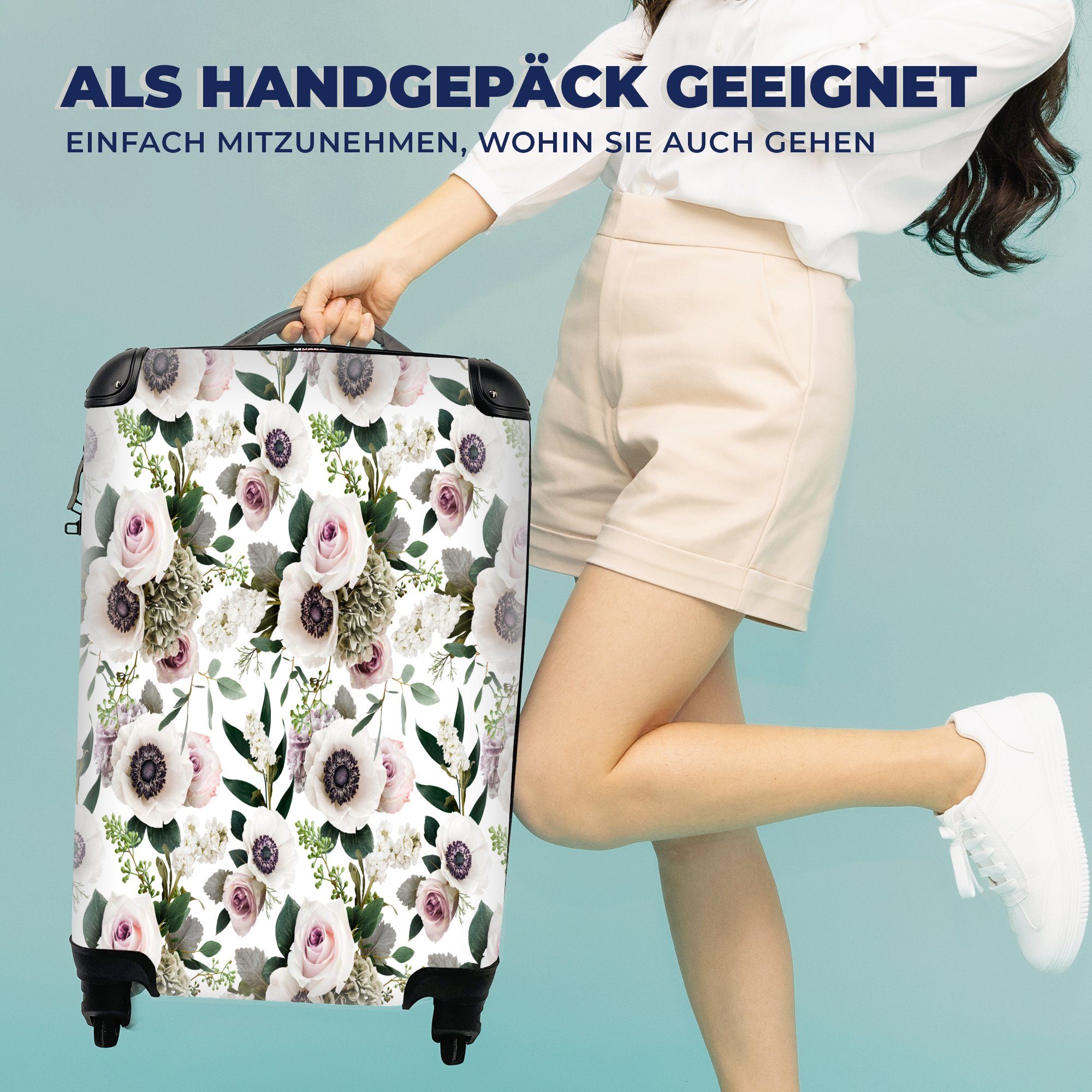 für Handgepäck - MuchoWow Blumen Rosen Reisetasche Reisekoffer Trolley, Rollen, 4 mit Handgepäckkoffer - Anemone, Ferien, rollen,