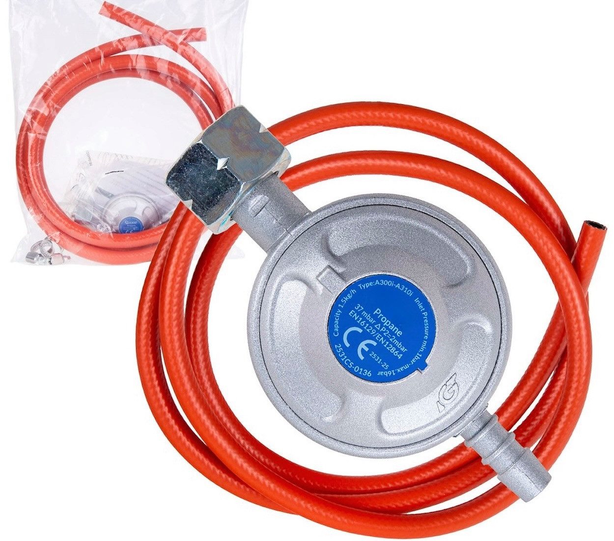 Gasdruckregler Gasanschluss-Set - Gasdruckregler + 2m Gasschlauch + Schlauchschellen