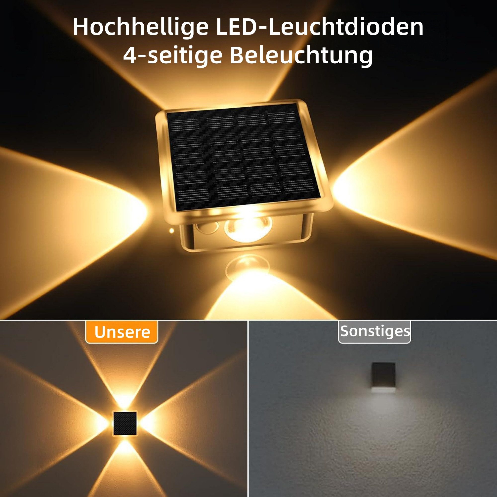 ibettertec LED Außen-Wandleuchte Solar nfür, Up and Down Solarlampen für Außen Wand, 2/4 Stück, IP66 Wasserdicht, 4 LEDs, 9 Farbmodi Solarleuchten für Garten Ho – Bild 5 von 5