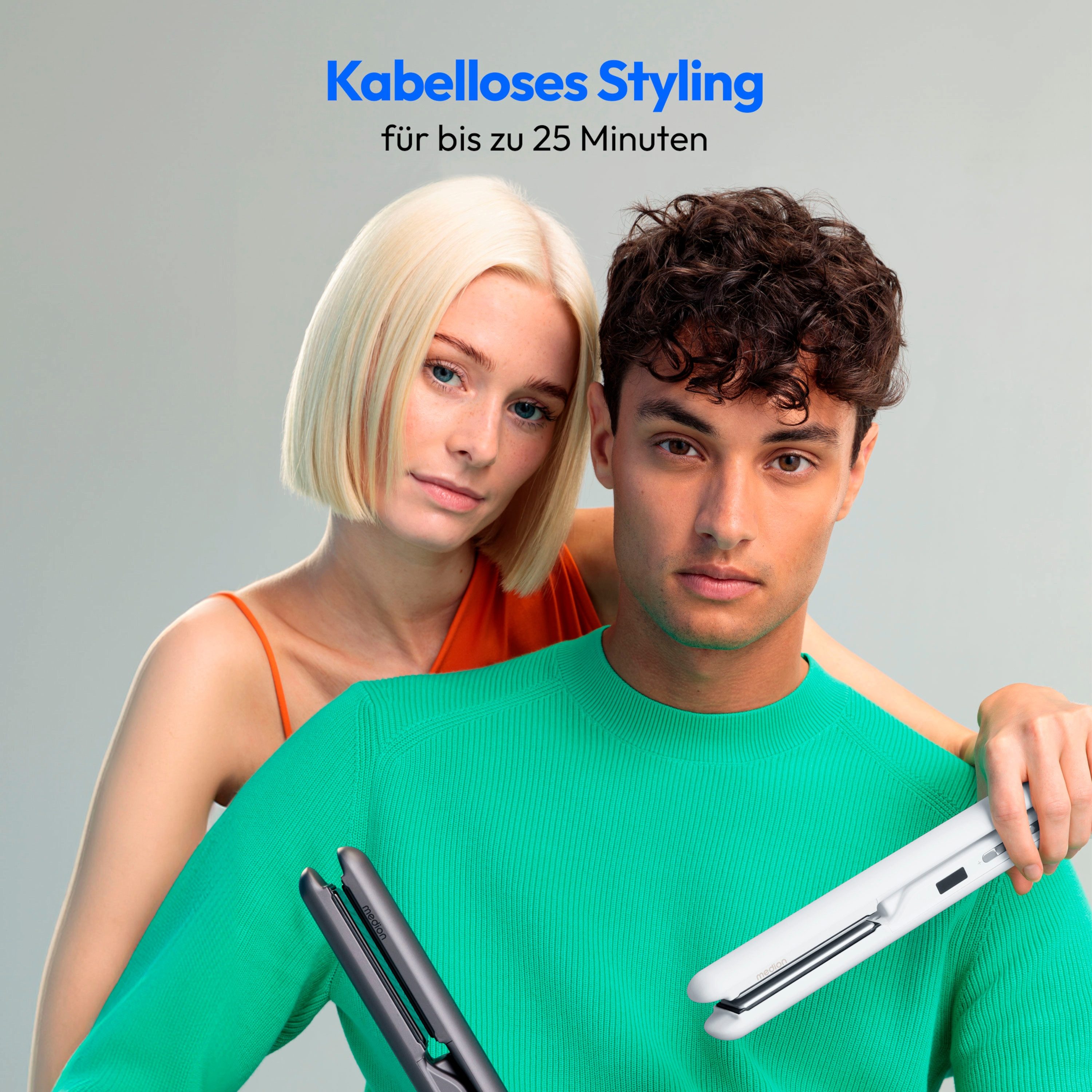 Medion® Glätteisen, Kabelloses Glätteisen MD19865, 5 regelbare Hitzestufen,165°-210°, breite Keramik-Turmalin Heizplatten