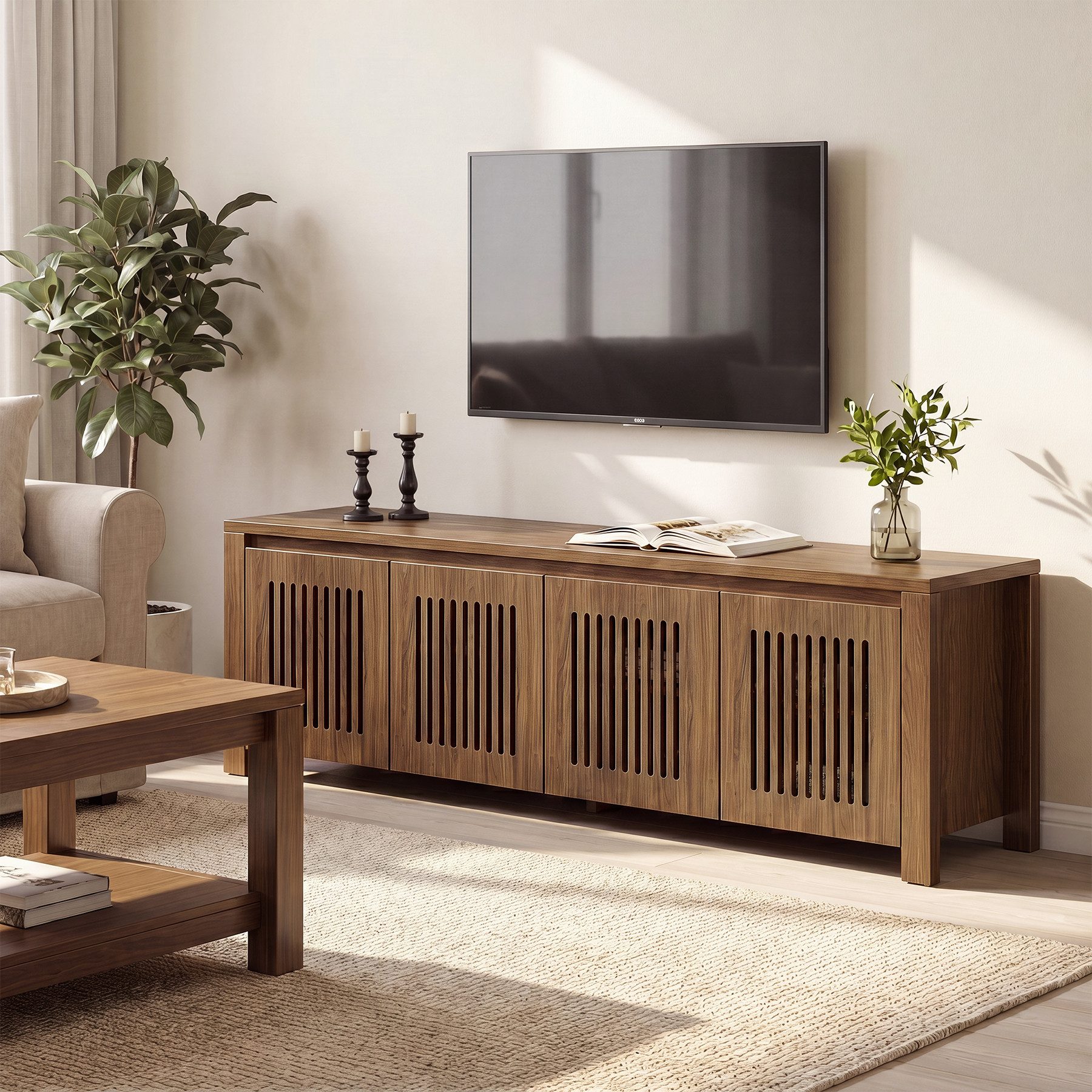 Tribesigns TV-Schrank 140 x 35 x 51 cm, Lowboard Stehend mit 8 Staufächern (TV Sideboard Wohnzimmer für 65" Fernseher, TV Cabinet Fernsehtisch)