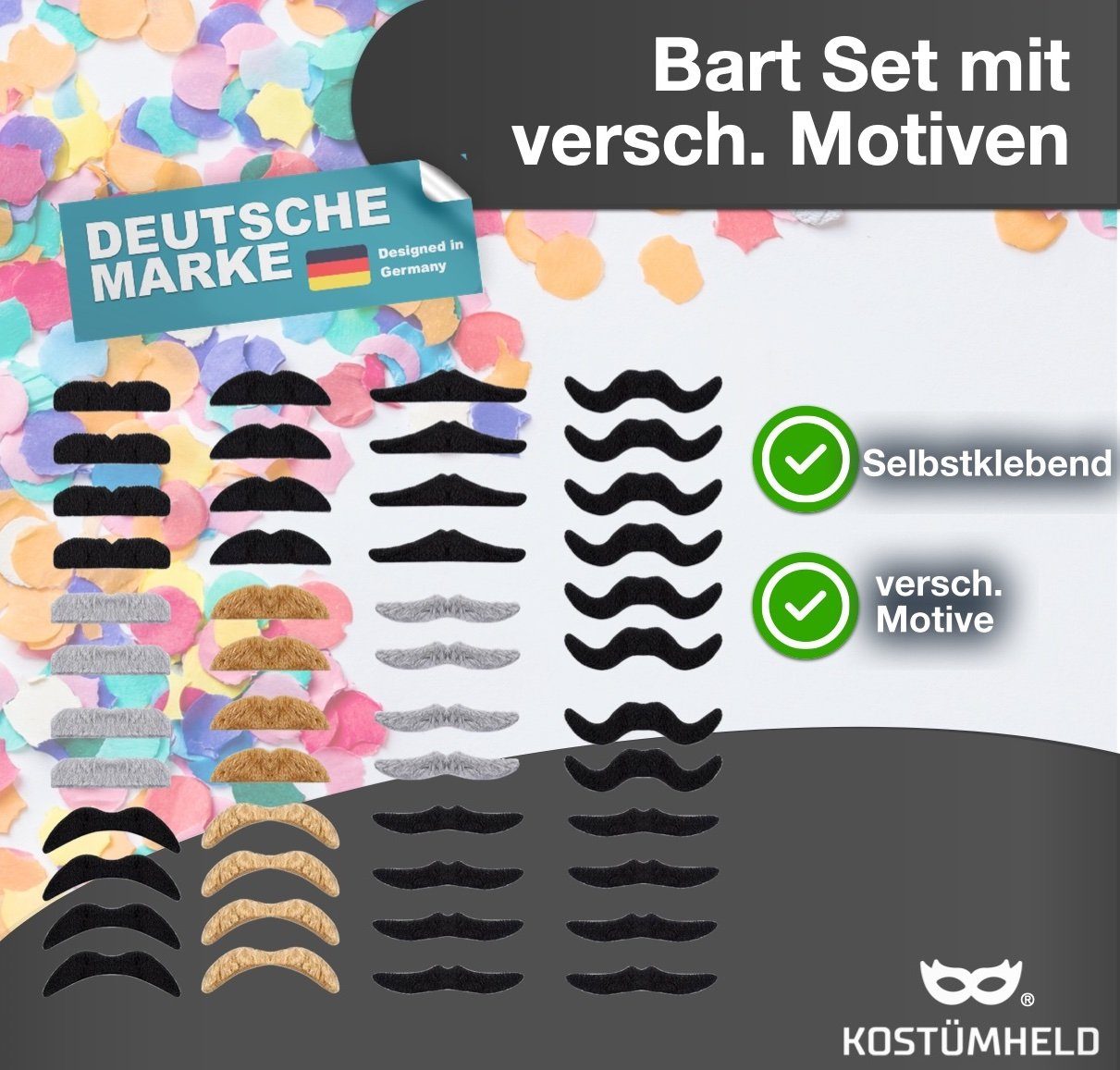 Kostümheld® Kostüm 36x Selbstklebend Bärte mit div. Schnurrbart zum Ankleben - Fake Bart