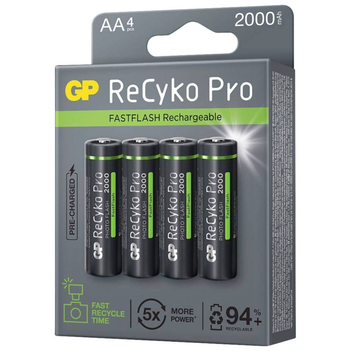 GP Batteries 4x GP ReCyko Pro PhotoFlash AA-Akku NiMH 2000mAh Akku-Set Mignon 2000 mAh (1,2 V), Mignon LR06 LR6 1,2V AA Akku Accu Batterie 4er Pack Wiederaufladbar
