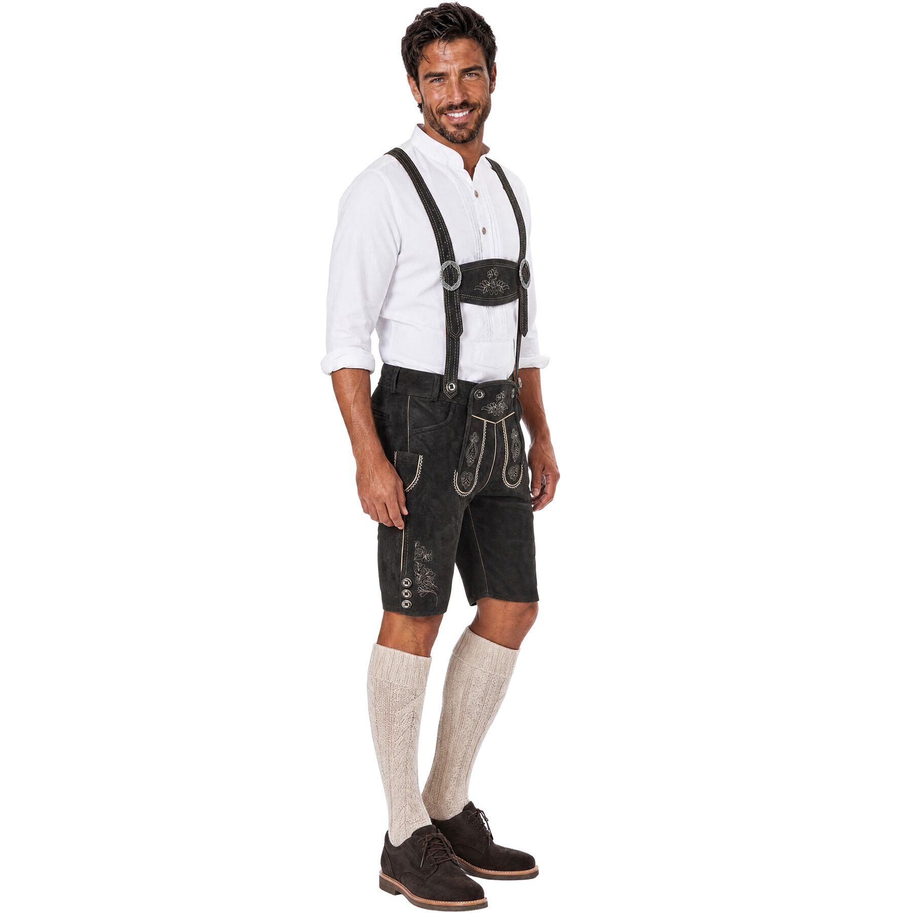 dressforfun Trachtenhose Klassische kurze Lederhose mit aufwendiger Stickerei, langlebig (Herrenhose Jannis, für Volksfeste in Schwarz) authentische Knochenknöp – Bild 5 von 5