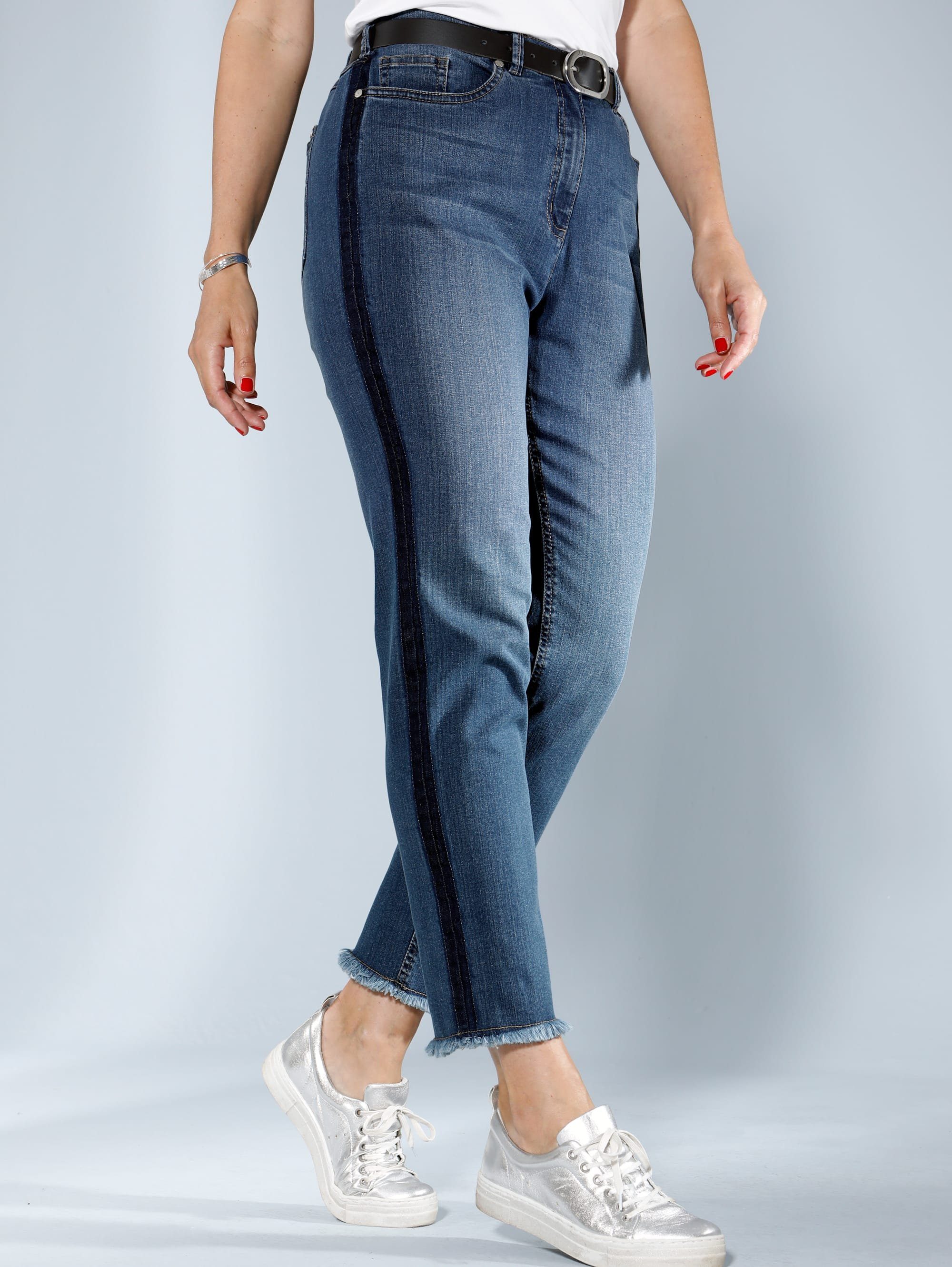 MIAMODA Jeans mit Fransen am Saum, Seitlich am Bein mit aufgedrucktem  Streifen online kaufen | OTTO