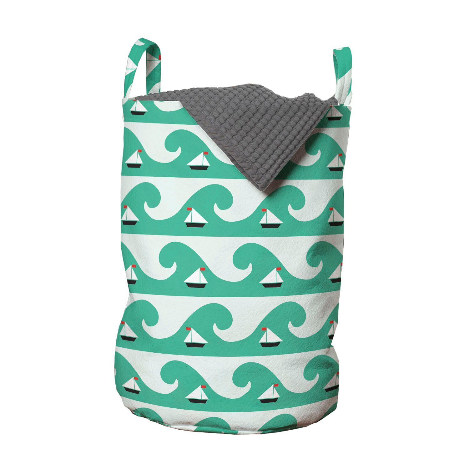 Abakuhaus Wäschesäckchen Wäschekorb mit Griffen Kordelzugverschluss für Waschsalons, Nautisch Kleine Segelboote und Wellen | Wäschesäcke
