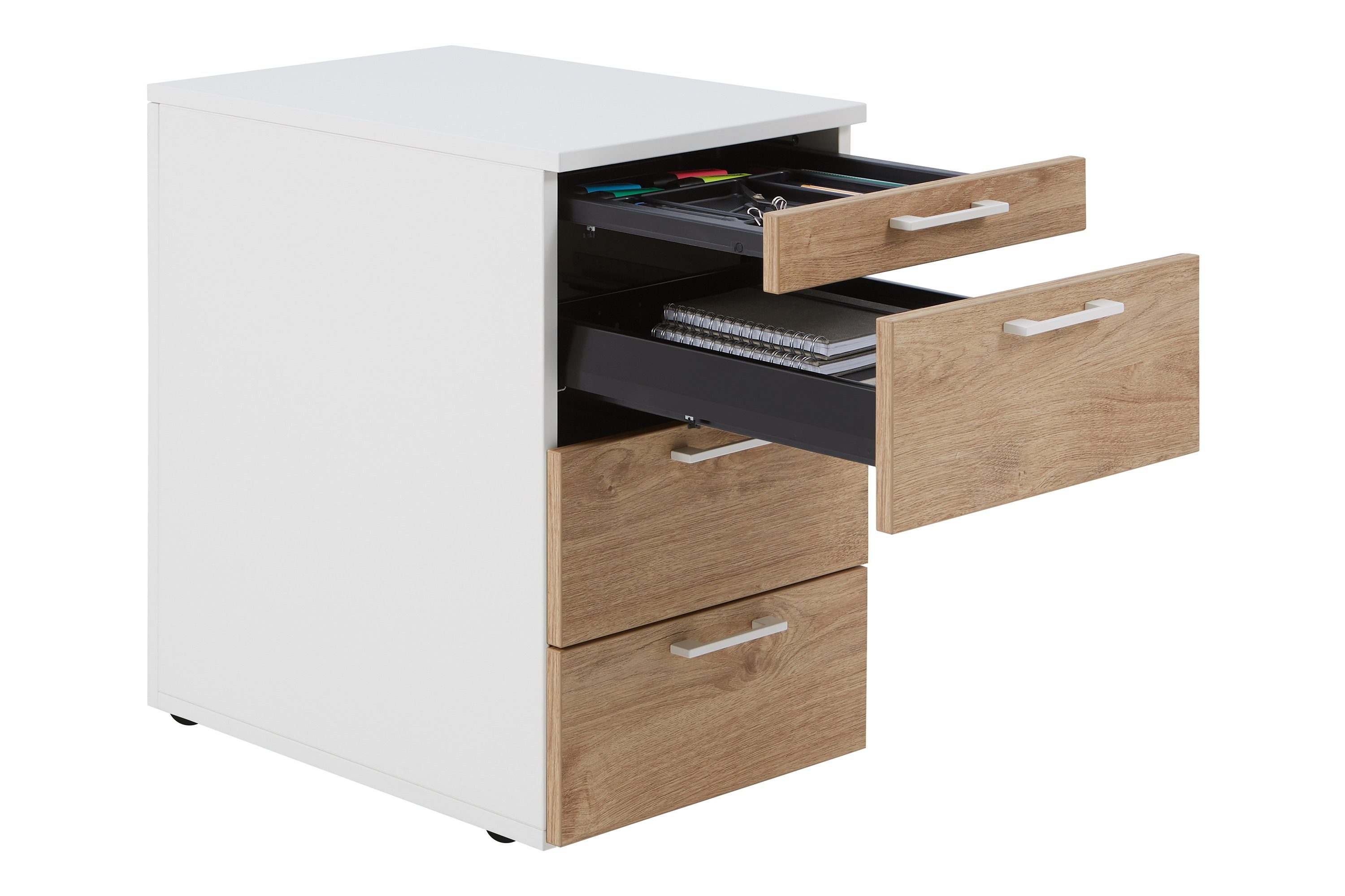 boho office® Rollcontainer be.smart, in weiß, Front in Eiche mit weißen Griffen mit 3 Schubkästen