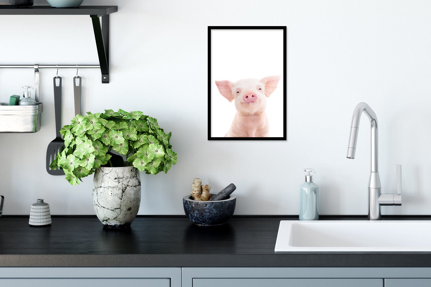 MuchoWow Poster Schwein - Wanddeko, (1 Bilderrahmen Bilder, Gerahmtes Wandposter, Schwarzem Natur, St), Rosa - - Poster, Tiere
