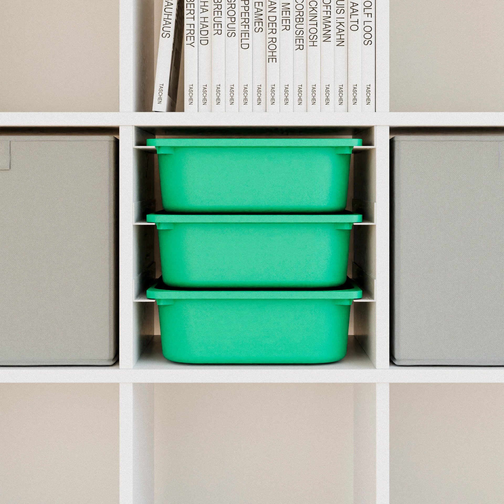Clutter Cover Regaleinsatz für Kallax Regal, Halterung für 3 Trofast Boxen, Schienenset wahlweise mit passenden Boxen in Grün oder Weiß – Bild 2 von 5