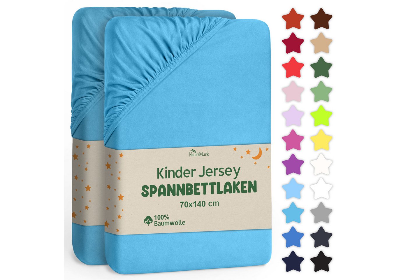 NatureMark Spannbettlaken Jersey Spannbetttuch, 100% Baumwolle, Gummizug: rundum, (2 Stück), Kinder Spannbetttuch, für Baby-/Kinderbett, 70x140 cm, Türkis