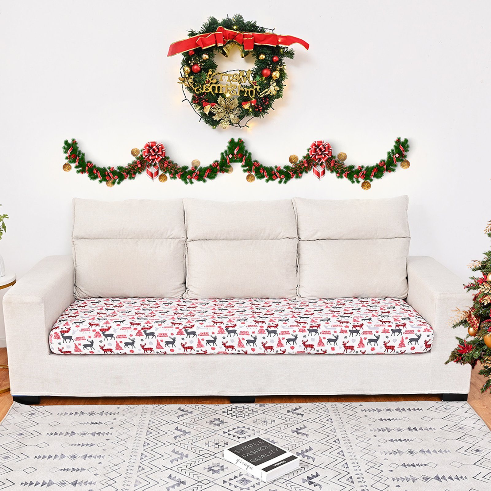 elastischem Sofahusse Sofa, mit 1 Weiß Weihnachtsmotiv, für L-Form Boden, Rosnek