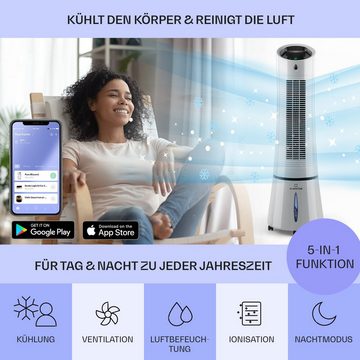 Klarstein Ventilatorkombigerät Skyscraper Ice Smart 4-in-1 Luftkühler & Ventilator, mit Wasserkühlung & Eis mobil Klimagerät ohne Abluftschlauch