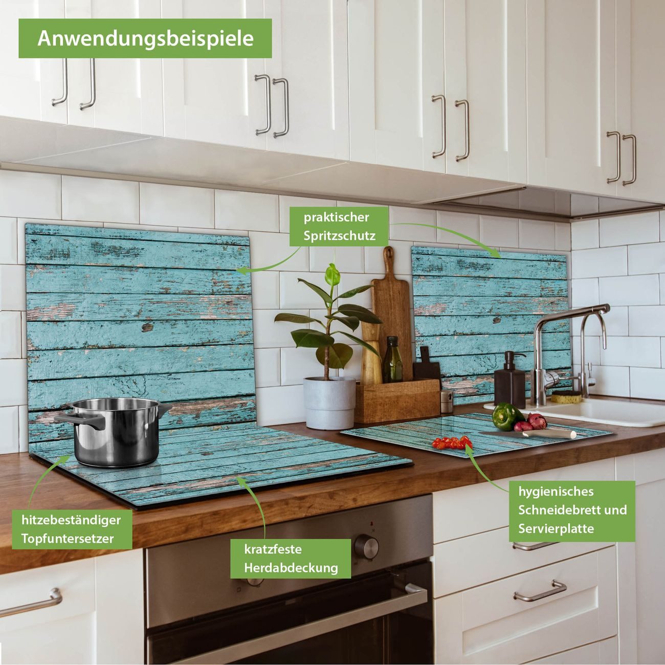 banjado Herd-Abdeckplatte einteilig aus Glas mit Motiv Blaue Holzlatten, (gehärtet, 1 tlg., inkl. selbstklebende Gummifüßchen)