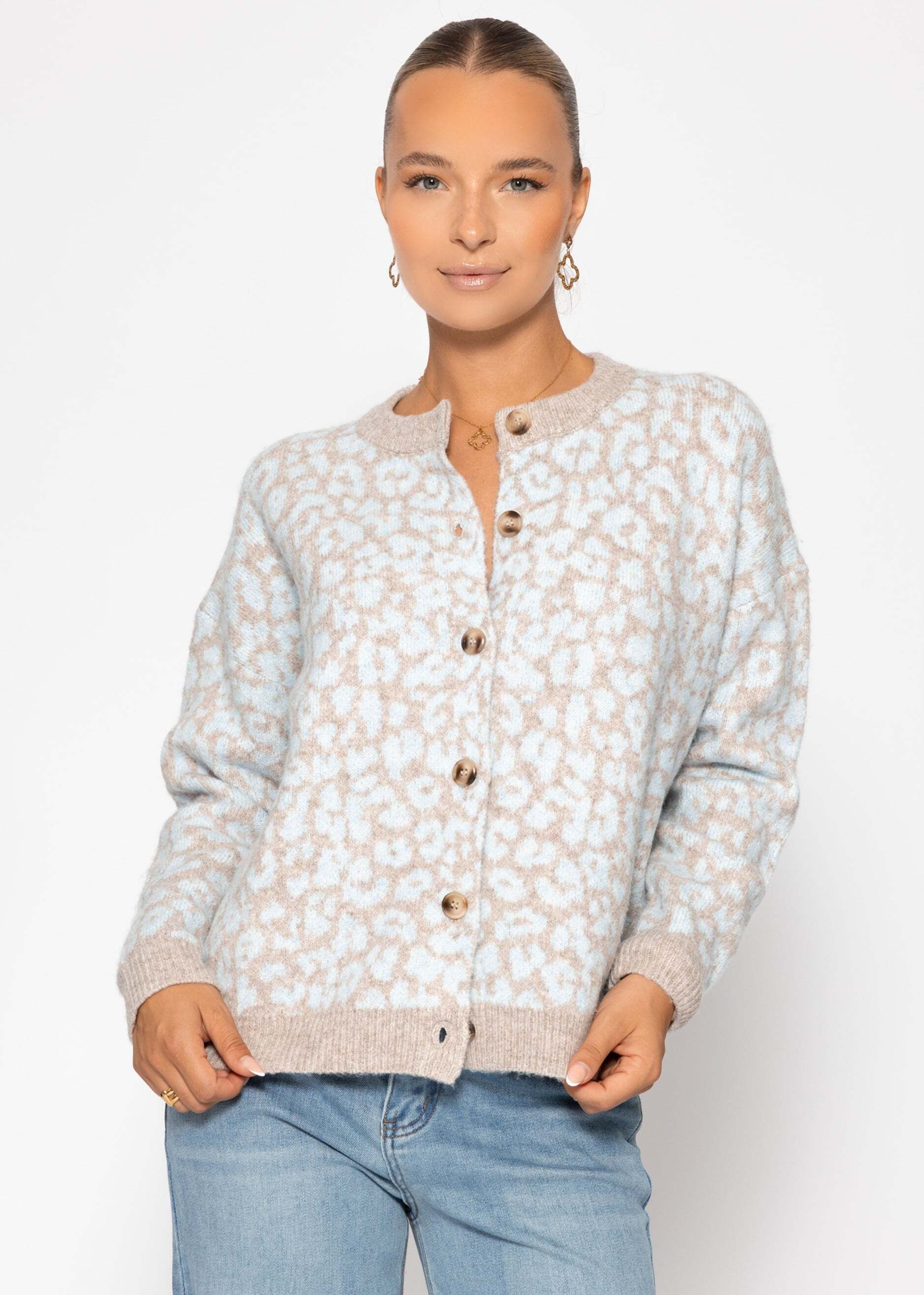 SASSYCLASSY Cardigan Oversize Strickjacke Damen mit Leo-Muster Cardigan mit Wollanteil mit Leopardenmuster Grau Schwarz Beige Braun