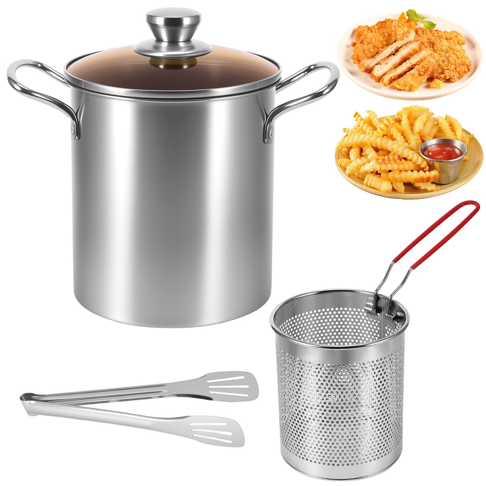 BlingBin Spargeltopf Edelstahl Fritteuse Frittiertopf Frittier mit Frittierkorb und Klemme, Edelstahl (1er Set, 1-tlg., 24*16*22cm), 3L Fettkanne mit Deckel für Pommes Frites, Fisch, Garnelen, Hähnchen